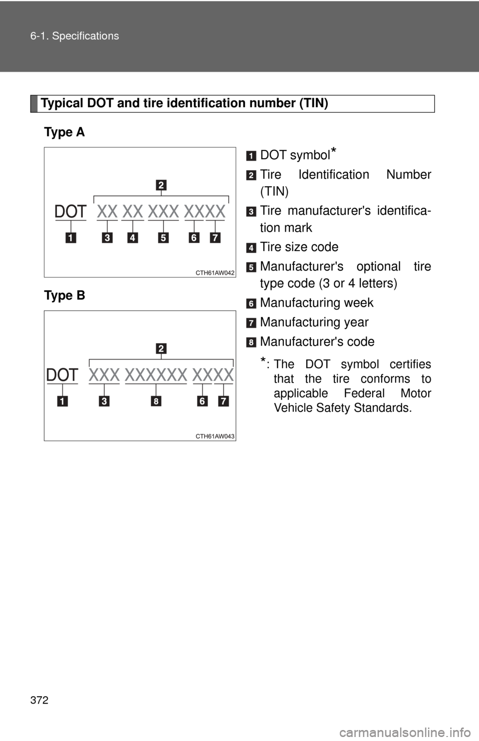 TOYOTA GT86 2017 1.G Owners Manual 372 6-1. Specifications
Typical DOT and tire identification number (TIN)Ty p e  A DOT symbol
*
Tire Identification Number
(TIN)
Tire manufacturers identifica-
tion mark
Tire size code
Manufacturers 