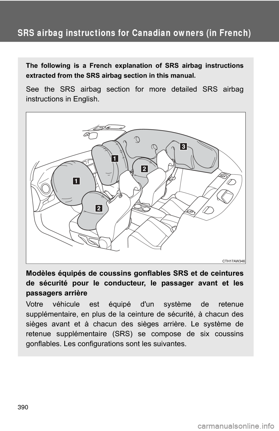 TOYOTA GT86 2017 1.G Repair Manual 390
SRS airbag instructions for Canadian owners (in French)
The following is a French explanation of SRS airbag instructions
extracted from the SRS airbag section in this manual.
See the SRS airbag se