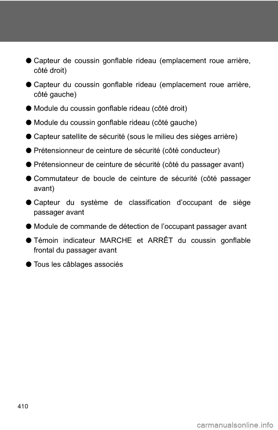 TOYOTA GT86 2017 1.G Owners Manual 410
●Capteur de coussin gonflable rideau (emplacement roue arrière,
côté droit)
● Capteur du coussin gonflable rideau (emplacement roue arrière,
côté gauche)
● Module du coussin gonflable 