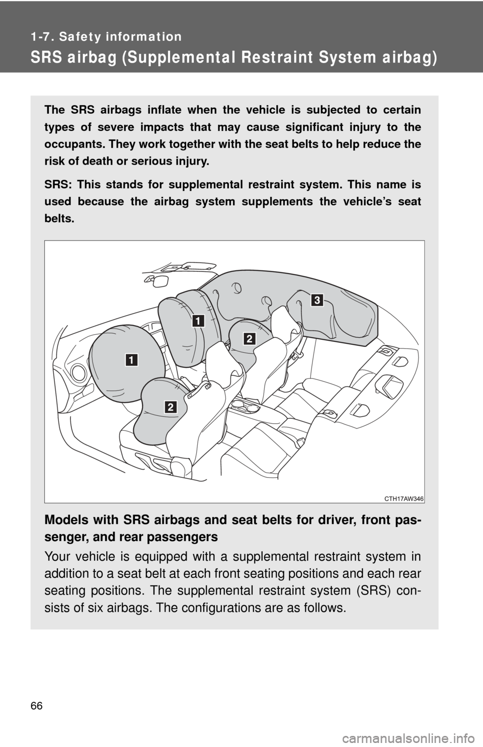 TOYOTA GT86 2017 1.G User Guide 66
1-7. Safety information
SRS airbag (Supplemental Restraint System airbag)
The SRS airbags inflate when the vehicle is subjected to certain
types of severe impacts that may  cause significant injury