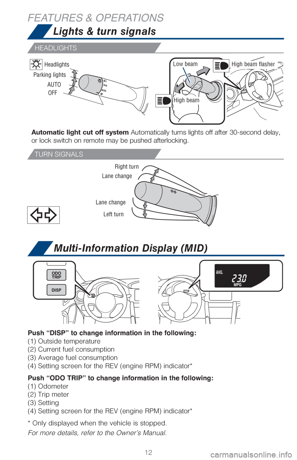 TOYOTA GT86 2017 1.G Quick Reference Guide 1212
Multi-Information Display (MID)
Push “DISP” to change information in the following:
(1) Outside temperature
(2) Current fuel consumption
(3) Average fuel consumption
(4) Setting screen for th TOYOTA GT86 2017 1.G Quick Reference Guide 1212
Multi-Information Display (MID)
Push “DISP” to change information in the following:
(1) Outside temperature
(2) Current fuel consumption
(3) Average fuel consumption
(4) Setting screen for th
