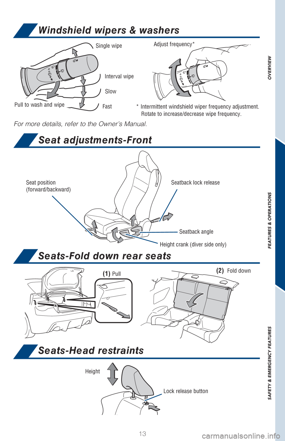 TOYOTA GT86 2017 1.G Quick Reference Guide OVERVIEW
FEATURES & OPERATIONS
SAFETY & EMERGENCY FEATURES
13
Seats-Fold down rear seats
(1) Pull(2)  Fold down
Height
Lock release button
Windshield wipers & washers
For more details, refer to the Ow