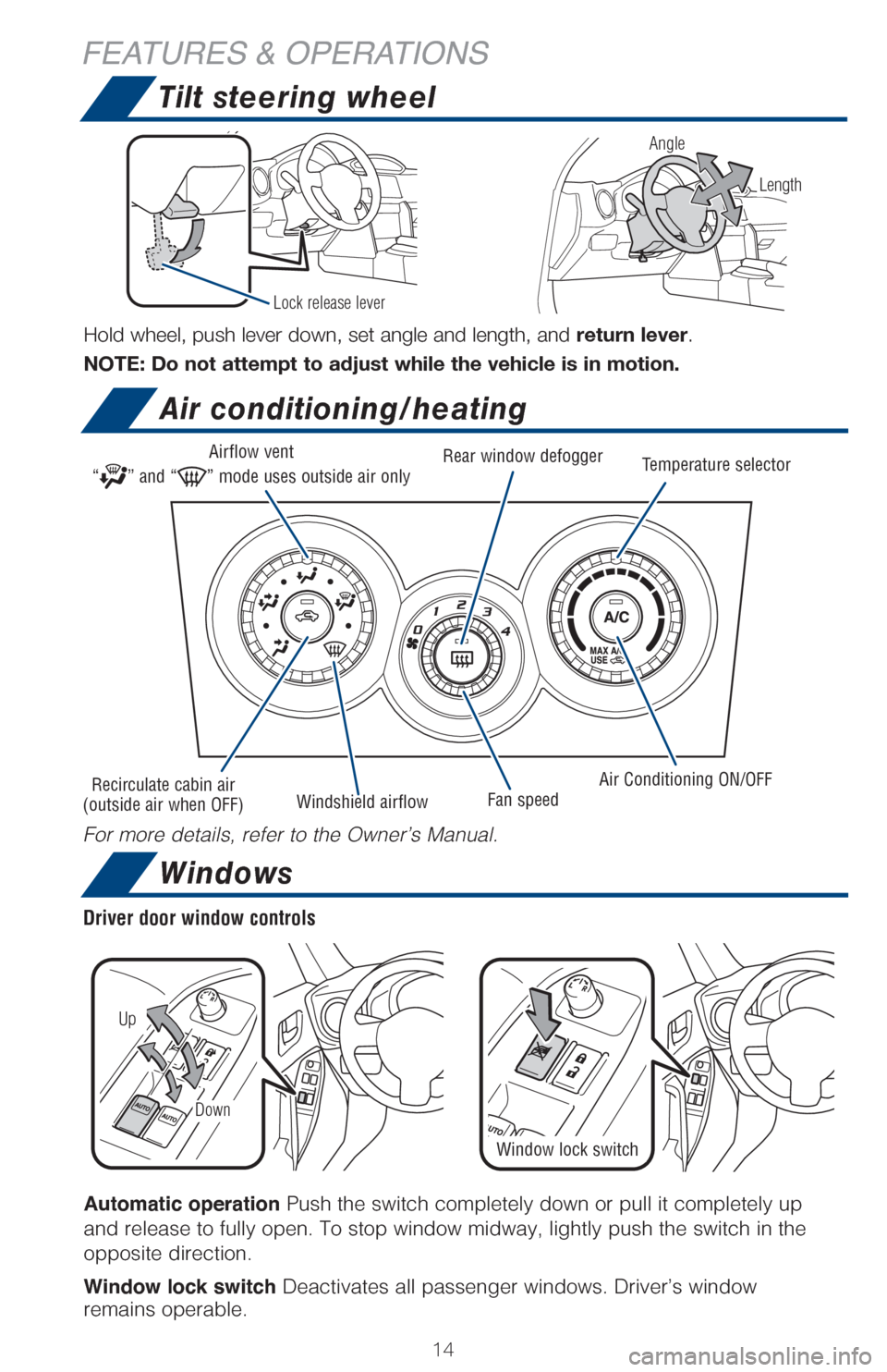 TOYOTA GT86 2017 1.G Quick Reference Guide 1414
Windows
Automatic operation Push the switch completely down or pull it completely up
and release to fully open. To stop window midway, lightly push the switc\
h in the
opposite direction.
Windo TOYOTA GT86 2017 1.G Quick Reference Guide 1414
Windows
Automatic operation Push the switch completely down or pull it completely up
and release to fully open. To stop window midway, lightly push the switc\
h in the
opposite direction.
Windo