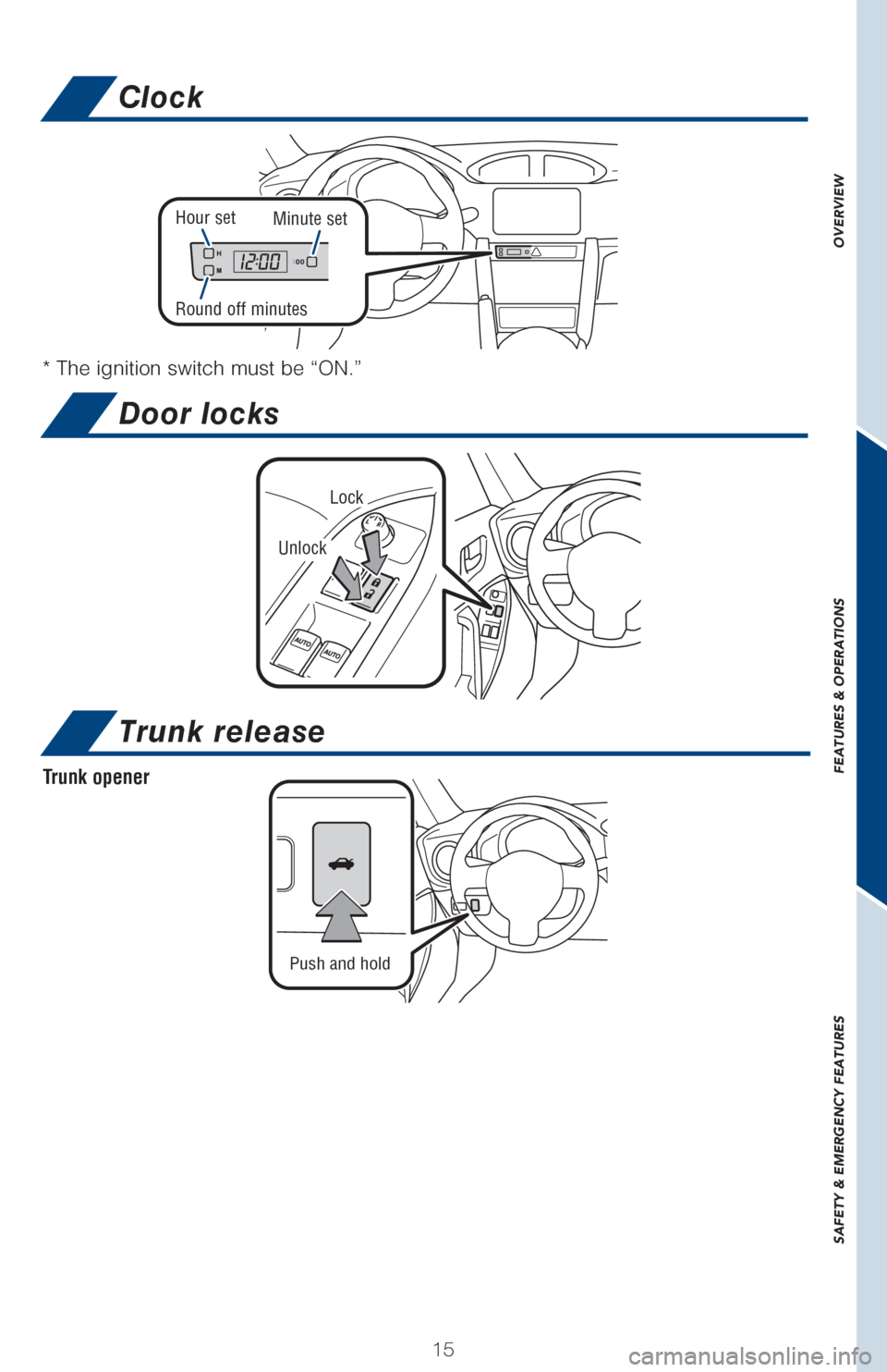 TOYOTA GT86 2017 1.G Quick Reference Guide OVERVIEW
FEATURES & OPERATIONS
SAFETY & EMERGENCY FEATURES
1515
Door locks
Trunk release
Push and hold
Trunk opener
Clock
00
* The ignition switch must be “ON.”
Minute setHour set
Round off minut TOYOTA GT86 2017 1.G Quick Reference Guide OVERVIEW
FEATURES & OPERATIONS
SAFETY & EMERGENCY FEATURES
1515
Door locks
Trunk release
Push and hold
Trunk opener
Clock
00
* The ignition switch must be “ON.”
Minute setHour set
Round off minut