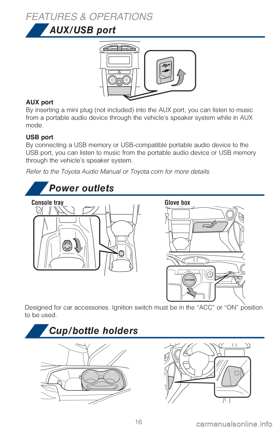 TOYOTA GT86 2017 1.G Quick Reference Guide 1616
Power outlets
Cup/bottle holders
FEATURES & OPERATIONSAUX/USB port
AUX port
By inserting a mini plug (not included) into the AUX port, you can lis\
ten to music
from a portable audio device thro TOYOTA GT86 2017 1.G Quick Reference Guide 1616
Power outlets
Cup/bottle holders
FEATURES & OPERATIONSAUX/USB port
AUX port
By inserting a mini plug (not included) into the AUX port, you can lis\
ten to music
from a portable audio device thro