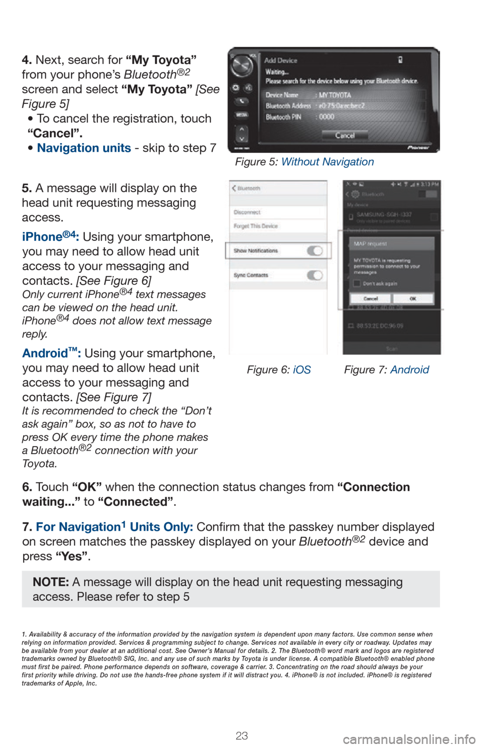 TOYOTA GT86 2017 1.G Quick Reference Guide 2323
5. A message will display on the
head unit requesting messaging
access.6. Touch “OK” when the connection status changes from “Connection
waiting...” to “Connected”.
7. For Navigati TOYOTA GT86 2017 1.G Quick Reference Guide 2323
5. A message will display on the
head unit requesting messaging
access.6. Touch “OK” when the connection status changes from “Connection
waiting...” to “Connected”.
7. For Navigati