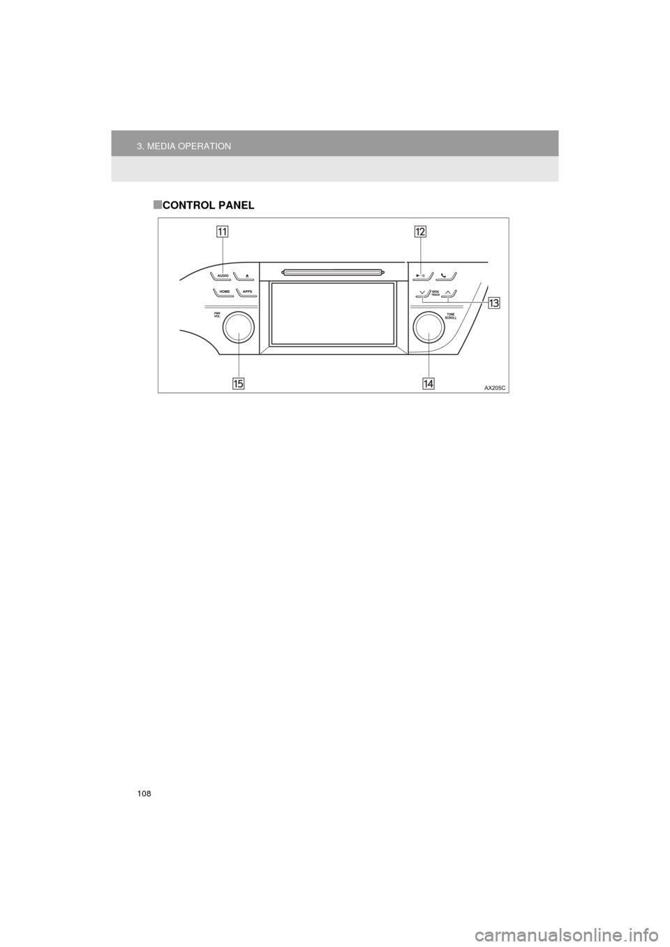 TOYOTA AVALON 2016 XX40 / 4.G Navigation Manual 108
3. MEDIA OPERATION
AVA L O N _ N a v i _ U
■CONTROL PANEL TOYOTA AVALON 2016 XX40 / 4.G Navigation Manual 108
3. MEDIA OPERATION
AVA L O N _ N a v i _ U
■CONTROL PANEL