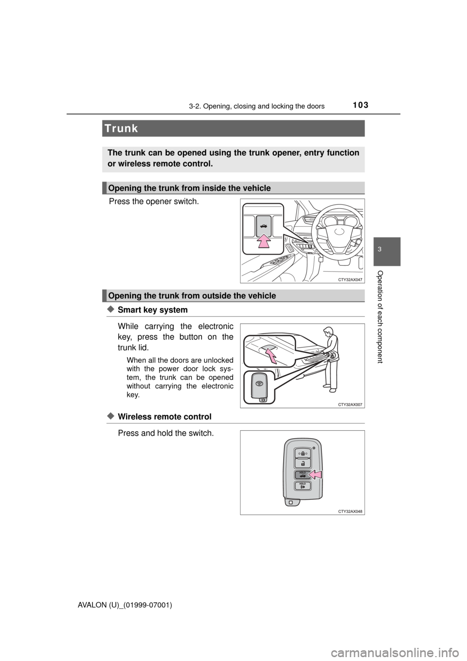 TOYOTA AVALON 2016 XX40 / 4.G Owners Manual 1033-2. Opening, closing and locking the doors
3
Operation of each component
AVALON (U)_(01999-07001)
Press the opener switch.
◆Smart key system
While carrying the electronic
key, press the button o