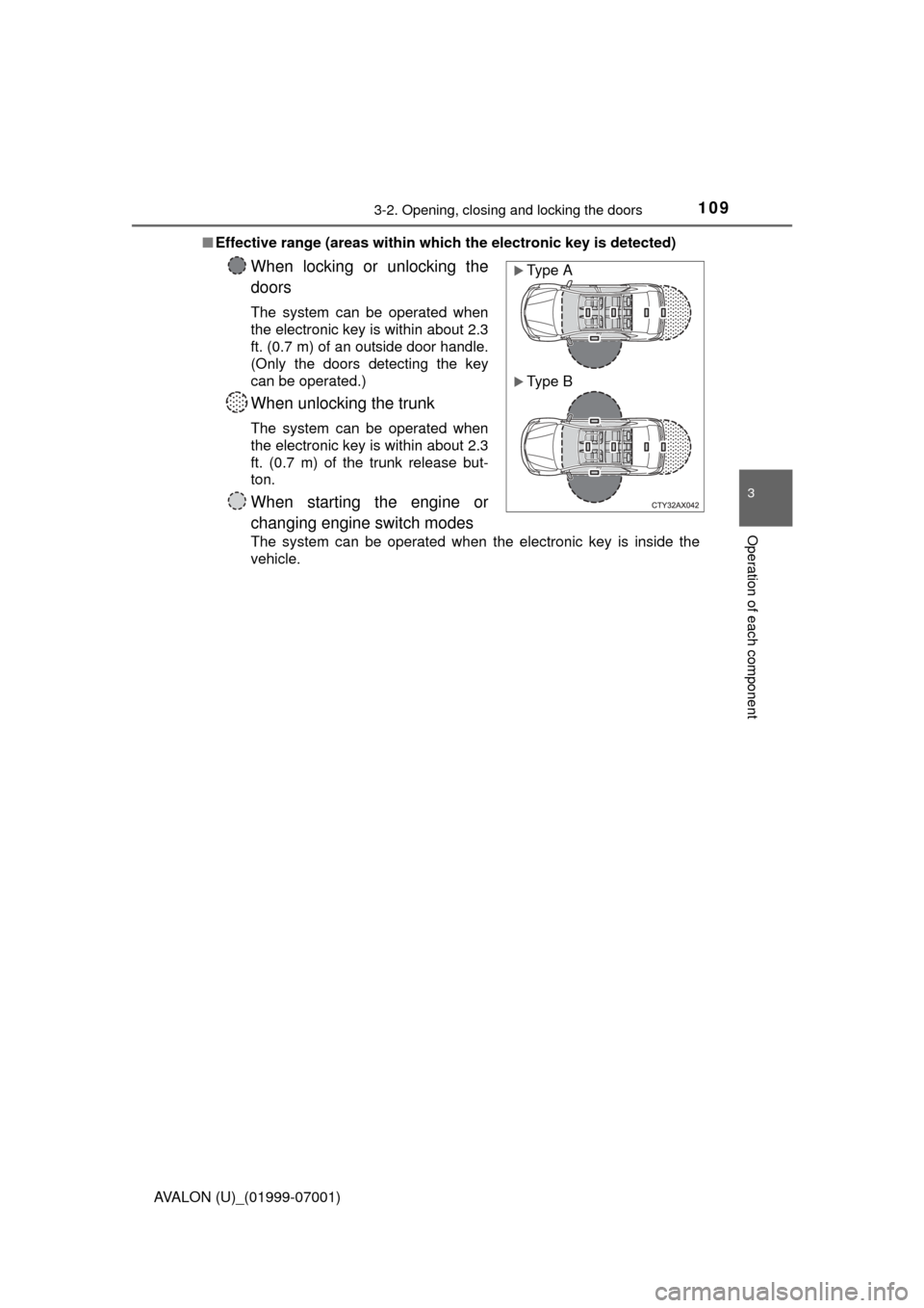 TOYOTA AVALON 2016 XX40 / 4.G Owners Manual 1093-2. Opening, closing and locking the doors
3
Operation of each component
AVALON (U)_(01999-07001)■
Effective range (areas within whic h the electronic key is detected)
When locking or unlocking 