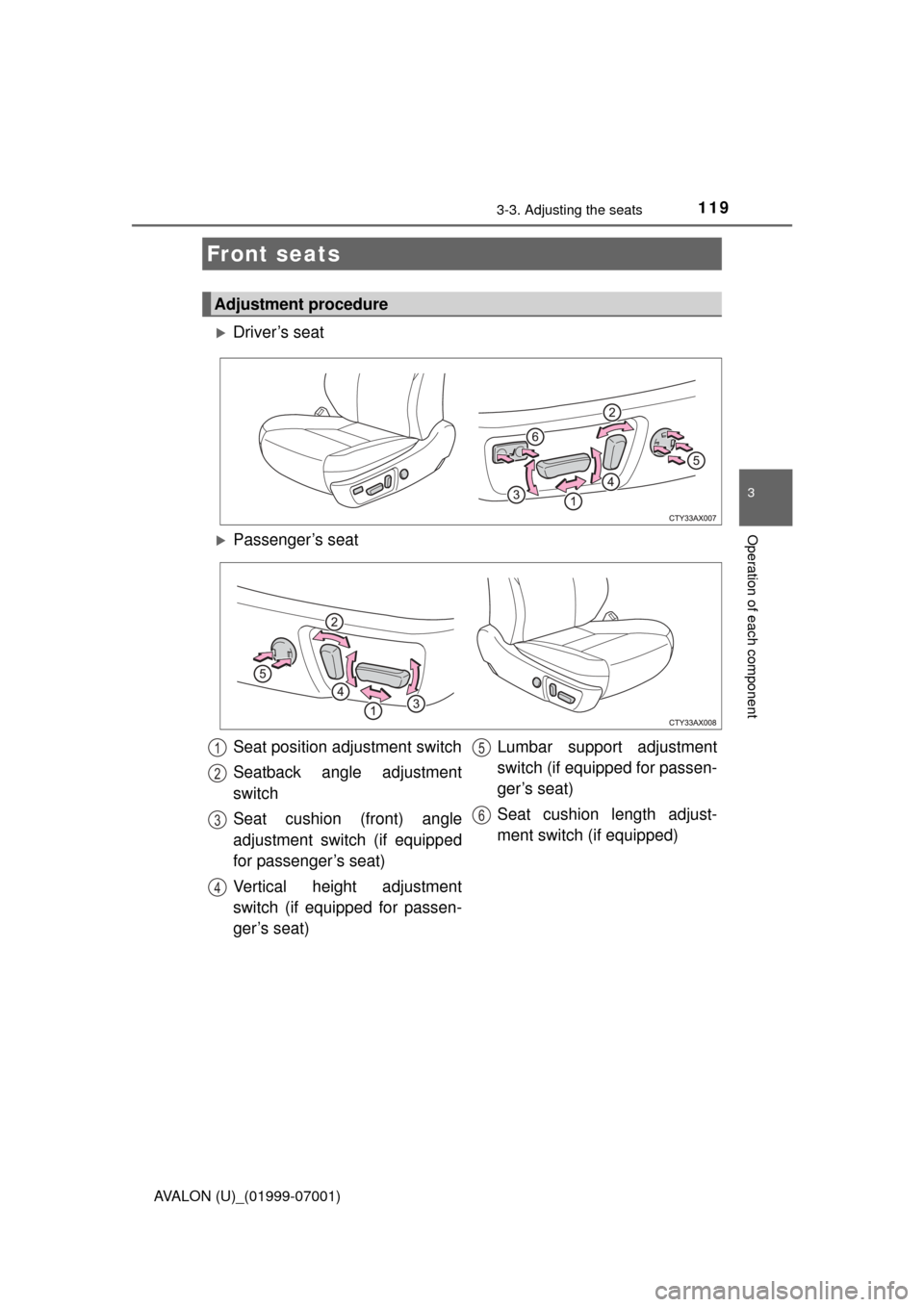 TOYOTA AVALON 2016 XX40 / 4.G Owners Manual 119
3
Operation of each component
AVALON (U)_(01999-07001)
3-3. Adjusting the seats
Driver’s seat
Front seats
Adjustment procedure
Passenger’s seat
Seat position adjustment switch
Seatback a TOYOTA AVALON 2016 XX40 / 4.G Owners Manual 119
3
Operation of each component
AVALON (U)_(01999-07001)
3-3. Adjusting the seats
Driver’s seat
Front seats
Adjustment procedure
Passenger’s seat
Seat position adjustment switch
Seatback a