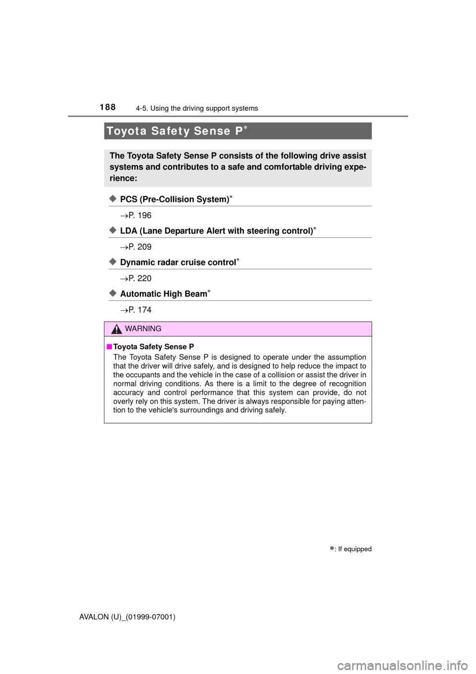 TOYOTA AVALON 2016 XX40 / 4.G Owners Manual 188
AVALON (U)_(01999-07001)
4-5. Using the driving support systems
◆PCS (Pre-Collision System)
P. 1 9 6
◆LDA (Lane Departure Alert with steering control)
P. 2 0 9
◆Dynamic radar c TOYOTA AVALON 2016 XX40 / 4.G Owners Manual 188
AVALON (U)_(01999-07001)
4-5. Using the driving support systems
◆PCS (Pre-Collision System)
P. 1 9 6
◆LDA (Lane Departure Alert with steering control)
P. 2 0 9
◆Dynamic radar c