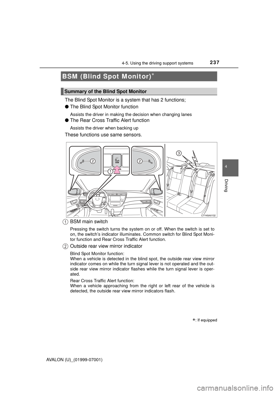 TOYOTA AVALON 2016 XX40 / 4.G Owners Manual 2374-5. Using the driving support systems
4
Driving
AVALON (U)_(01999-07001)
The Blind Spot Monitor is a system that has 2 functions;
● The Blind Spot Monitor function
Assists the driver in making t TOYOTA AVALON 2016 XX40 / 4.G Owners Manual 2374-5. Using the driving support systems
4
Driving
AVALON (U)_(01999-07001)
The Blind Spot Monitor is a system that has 2 functions;
● The Blind Spot Monitor function
Assists the driver in making t