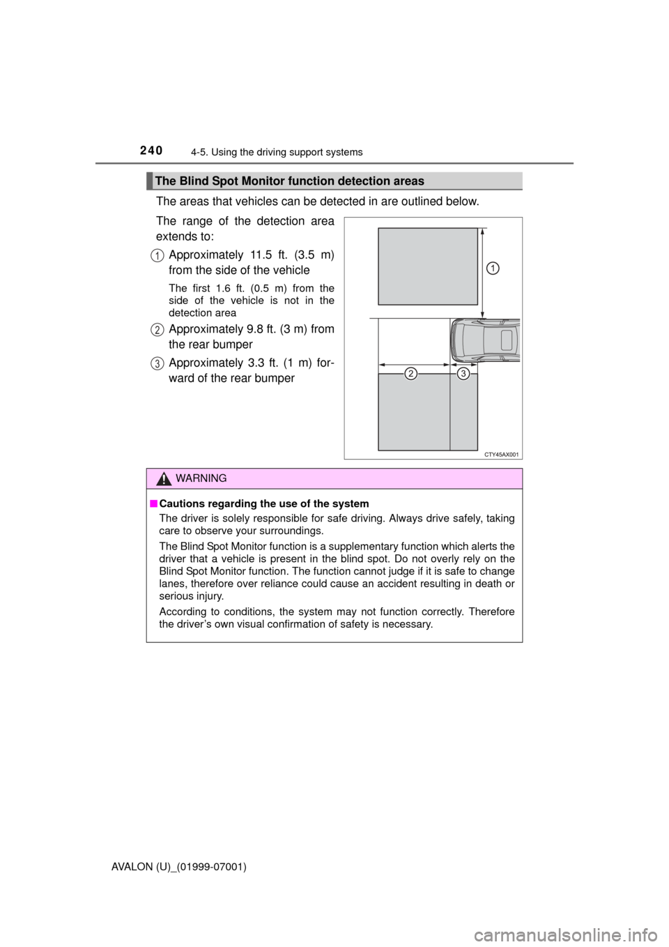 TOYOTA AVALON 2016 XX40 / 4.G Owners Manual 2404-5. Using the driving support systems
AVALON (U)_(01999-07001)
The areas that vehicles can be detected in are outlined below.
The range of the detection area
extends to: Approximately 11.5 ft. (3 TOYOTA AVALON 2016 XX40 / 4.G Owners Manual 2404-5. Using the driving support systems
AVALON (U)_(01999-07001)
The areas that vehicles can be detected in are outlined below.
The range of the detection area
extends to: Approximately 11.5 ft. (3
