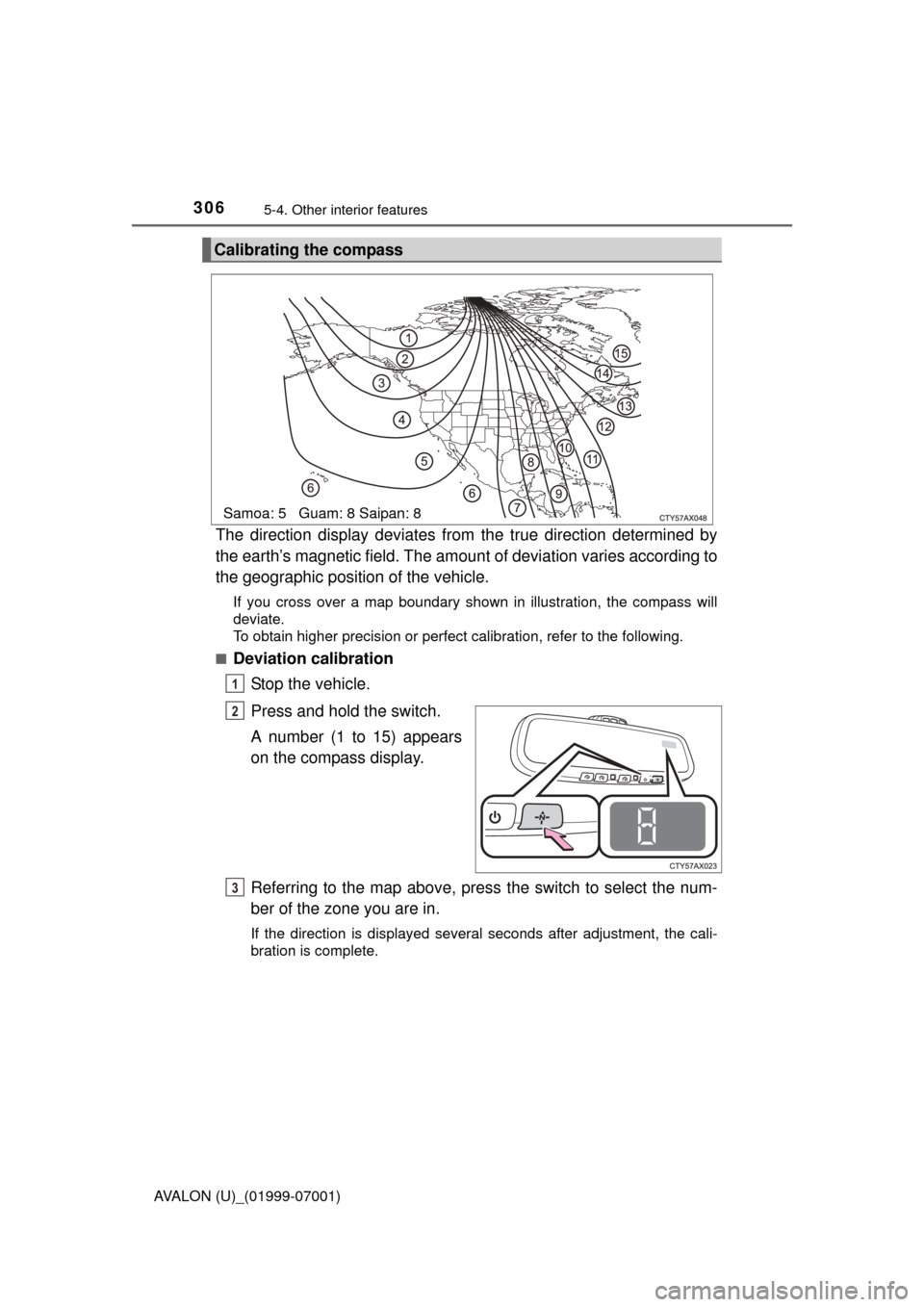 TOYOTA AVALON 2016 XX40 / 4.G Owners Manual 3065-4. Other interior features
AVALON (U)_(01999-07001)
The direction display deviates from the true direction determined by
the earth’s magnetic field. The amoun t of deviation varies according to