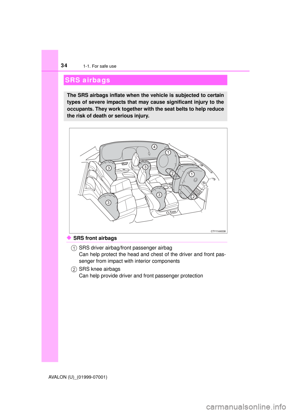 TOYOTA AVALON 2016 XX40 / 4.G Owners Guide 341-1. For safe use
AVALON (U)_(01999-07001)
◆SRS front airbagsSRS driver airbag/front passenger airbag
Can help protect the head and chest of the driver and front pas-
senger from impact with inter
