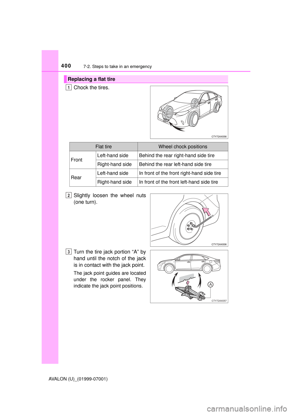 TOYOTA AVALON 2016 XX40 / 4.G Owners Manual 4007-2. Steps to take in an emergency
AVALON (U)_(01999-07001)
Chock the tires.
Slightly loosen the wheel nuts
(one turn).
Turn the tire jack portion “A” by
hand until the notch of the jack
is in TOYOTA AVALON 2016 XX40 / 4.G Owners Manual 4007-2. Steps to take in an emergency
AVALON (U)_(01999-07001)
Chock the tires.
Slightly loosen the wheel nuts
(one turn).
Turn the tire jack portion “A” by
hand until the notch of the jack
is in
