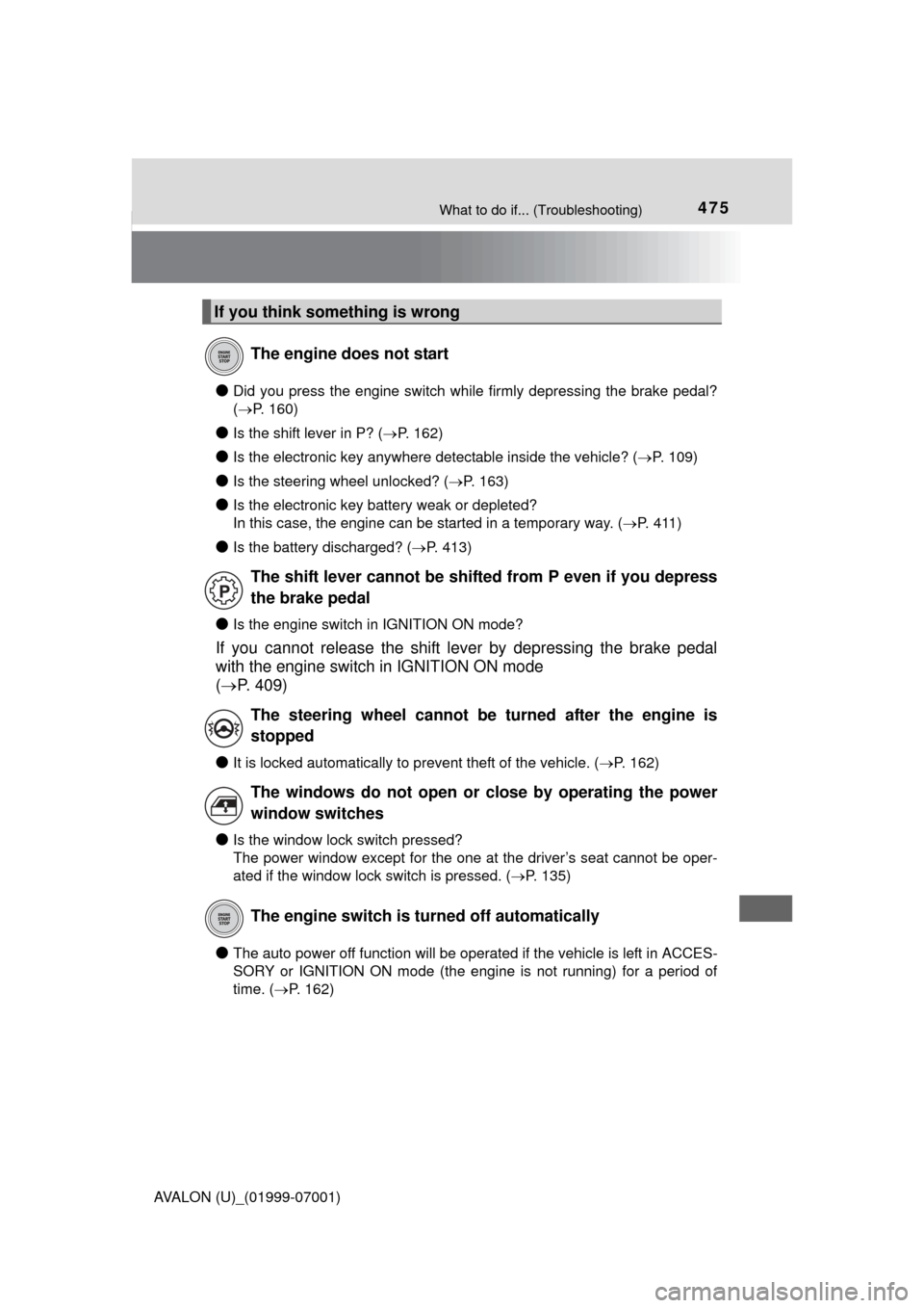 TOYOTA AVALON 2016 XX40 / 4.G Owners Manual 475What to do if... (Troubleshooting)
AVALON (U)_(01999-07001)
●Did you press the engine switch while firmly depressing the brake pedal?
( P. 160)
●Is the shift lever in P? ( P. 162)
●Is t TOYOTA AVALON 2016 XX40 / 4.G Owners Manual 475What to do if... (Troubleshooting)
AVALON (U)_(01999-07001)
●Did you press the engine switch while firmly depressing the brake pedal?
( P. 160)
●Is the shift lever in P? ( P. 162)
●Is t