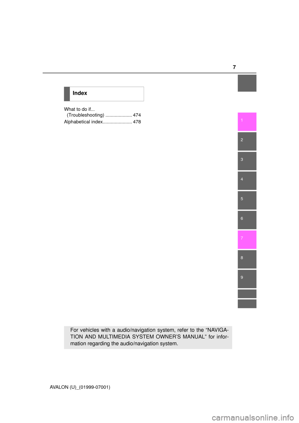 TOYOTA AVALON 2016 XX40 / 4.G Owners Manual 7
1
8 7
6
5
4
3
2
9
AVALON (U)_(01999-07001)What to do if... 
(Troubleshooting) .................... 474
Alphabetical index...................... 478
Index
For vehicles with a audio/navigati on system
