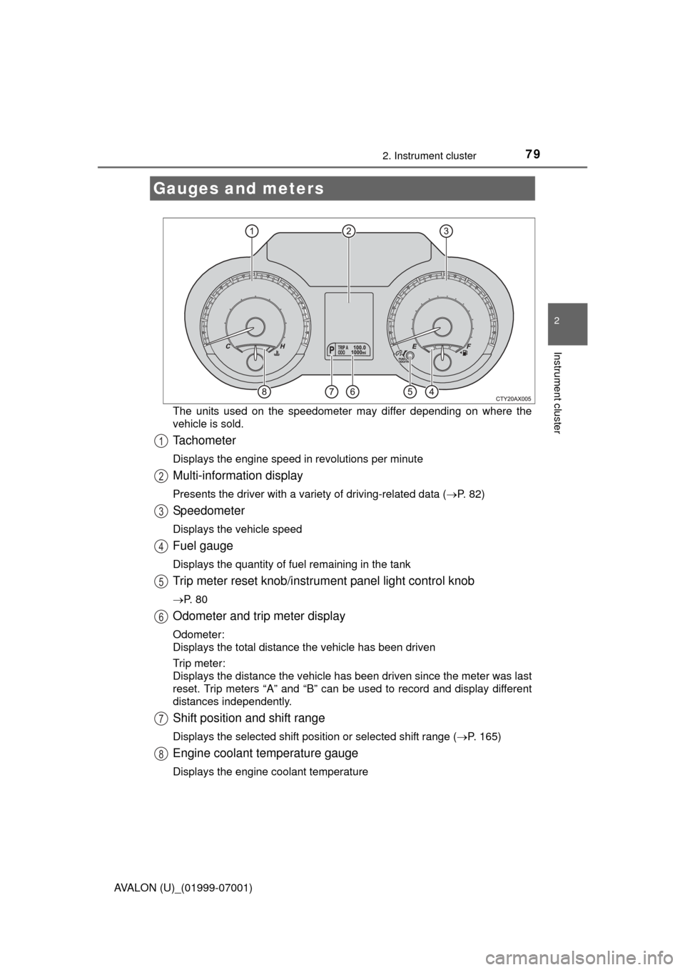 TOYOTA AVALON 2016 XX40 / 4.G Manual PDF 792. Instrument cluster
2
Instrument cluster
AVALON (U)_(01999-07001)The units used on the speedometer may differ depending on where the
vehicle is sold.
Tachometer
Displays the engine speed in revolu