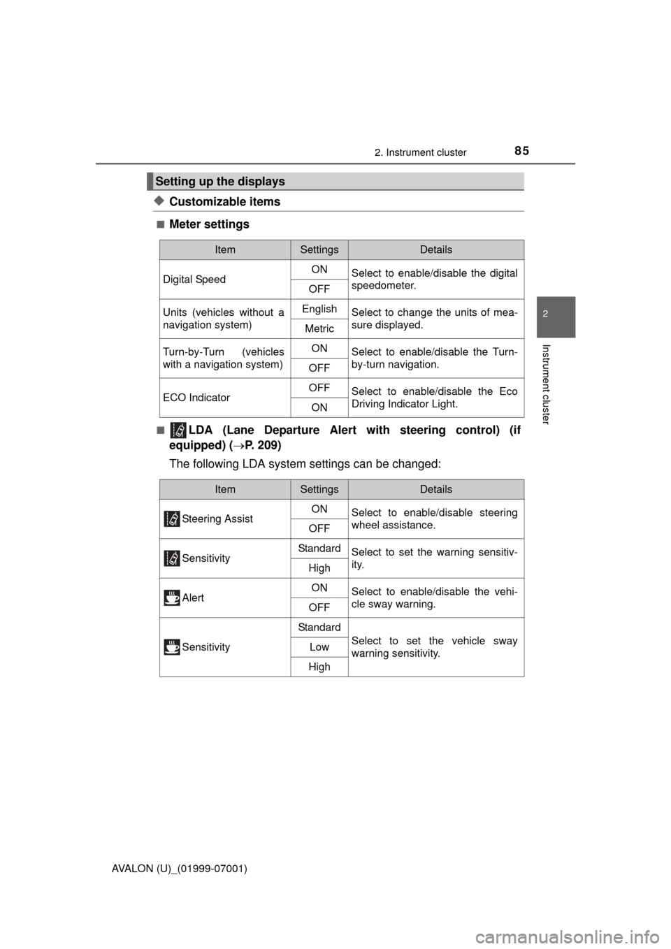 TOYOTA AVALON 2016 XX40 / 4.G Owners Manual 852. Instrument cluster
2
Instrument cluster
AVALON (U)_(01999-07001)
◆Customizable items
■Meter settings
■LDA (Lane Departure Alert with steering control) (if
equipped) ( P. 209)
The followi