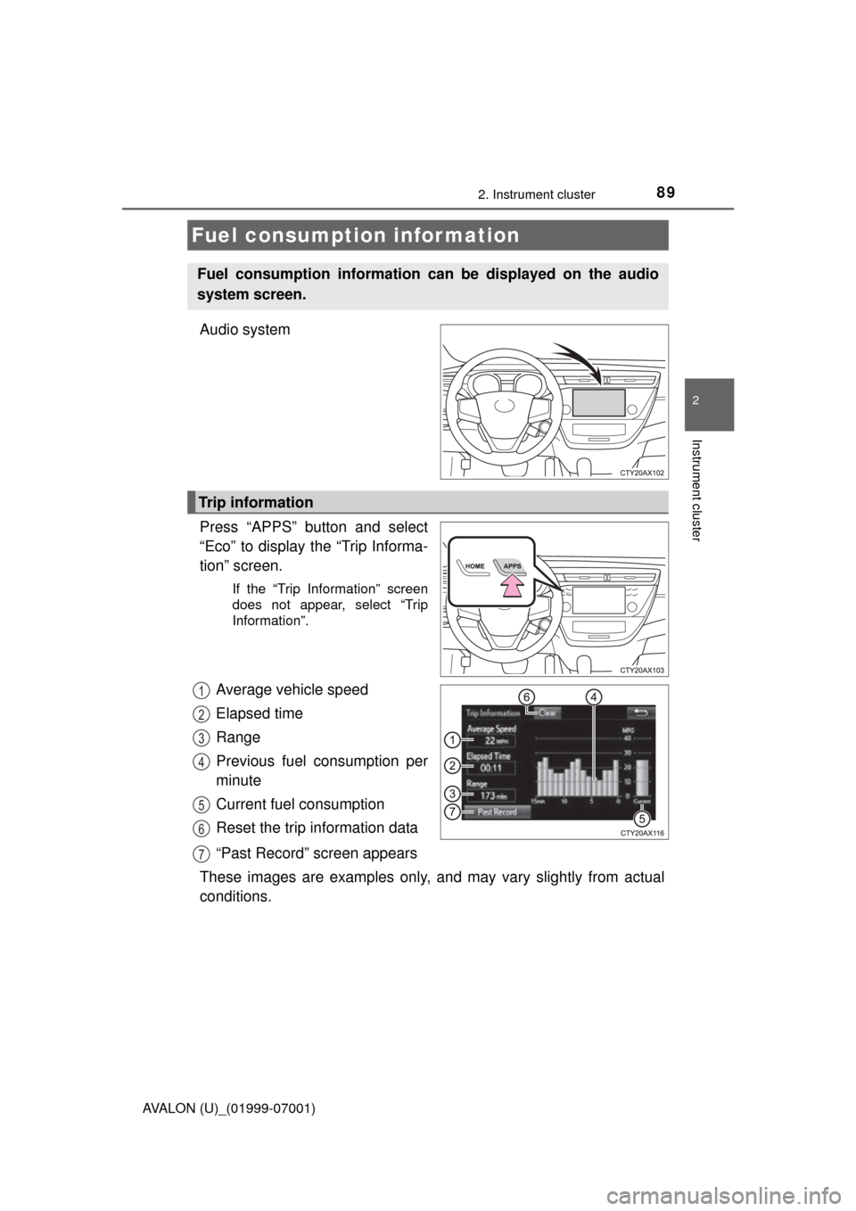 TOYOTA AVALON 2016 XX40 / 4.G Owners Manual 892. Instrument cluster
2
Instrument cluster
AVALON (U)_(01999-07001)
Audio system
Press “APPS” button and select
“Eco” to display the “Trip Informa-
tion” screen.
If the “Trip Informati