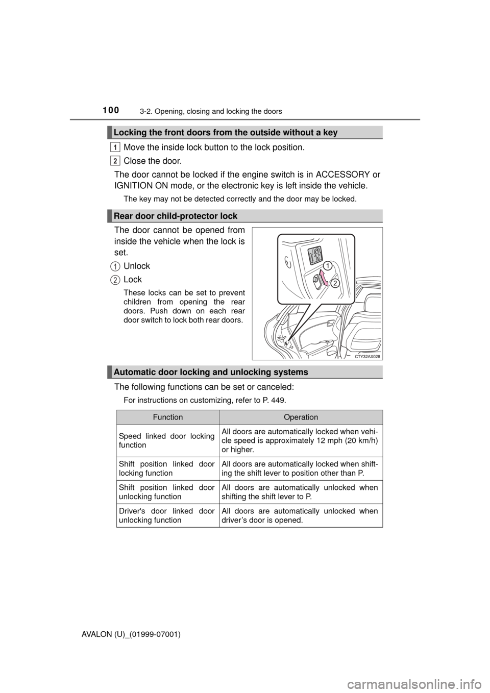 TOYOTA AVALON 2016 XX40 / 4.G Owners Manual 1003-2. Opening, closing and locking the doors
AVALON (U)_(01999-07001)
Move the inside lock button to the lock position.
Close the door.
The door cannot be locked if the engine switch is in ACCESSORY TOYOTA AVALON 2016 XX40 / 4.G Owners Manual 1003-2. Opening, closing and locking the doors
AVALON (U)_(01999-07001)
Move the inside lock button to the lock position.
Close the door.
The door cannot be locked if the engine switch is in ACCESSORY