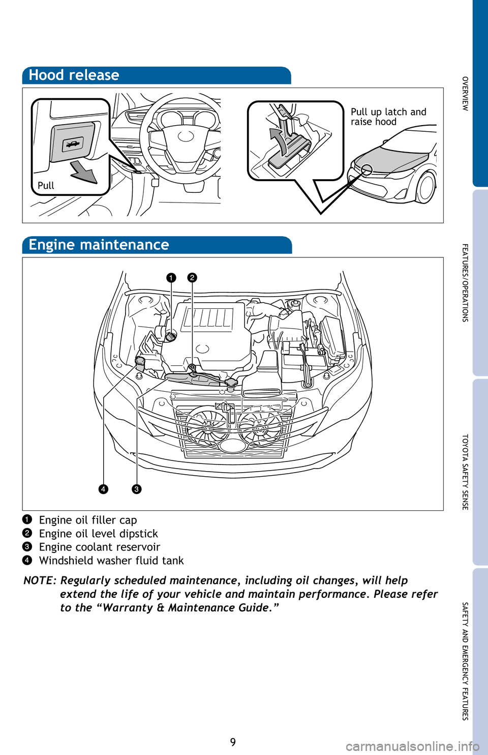 TOYOTA AVALON 2016 XX40 / 4.G Quick Reference Guide OVERVIEW FEATURES/OPERATIONS TOYOTA SAFETY SENSE SAFETY AND EMERGENCY FEATURES
9
Hood release
Engine oil filler cap
Engine oil level dipstick
Engine coolant reservoir
Windshield washer fluid tank
NOTE