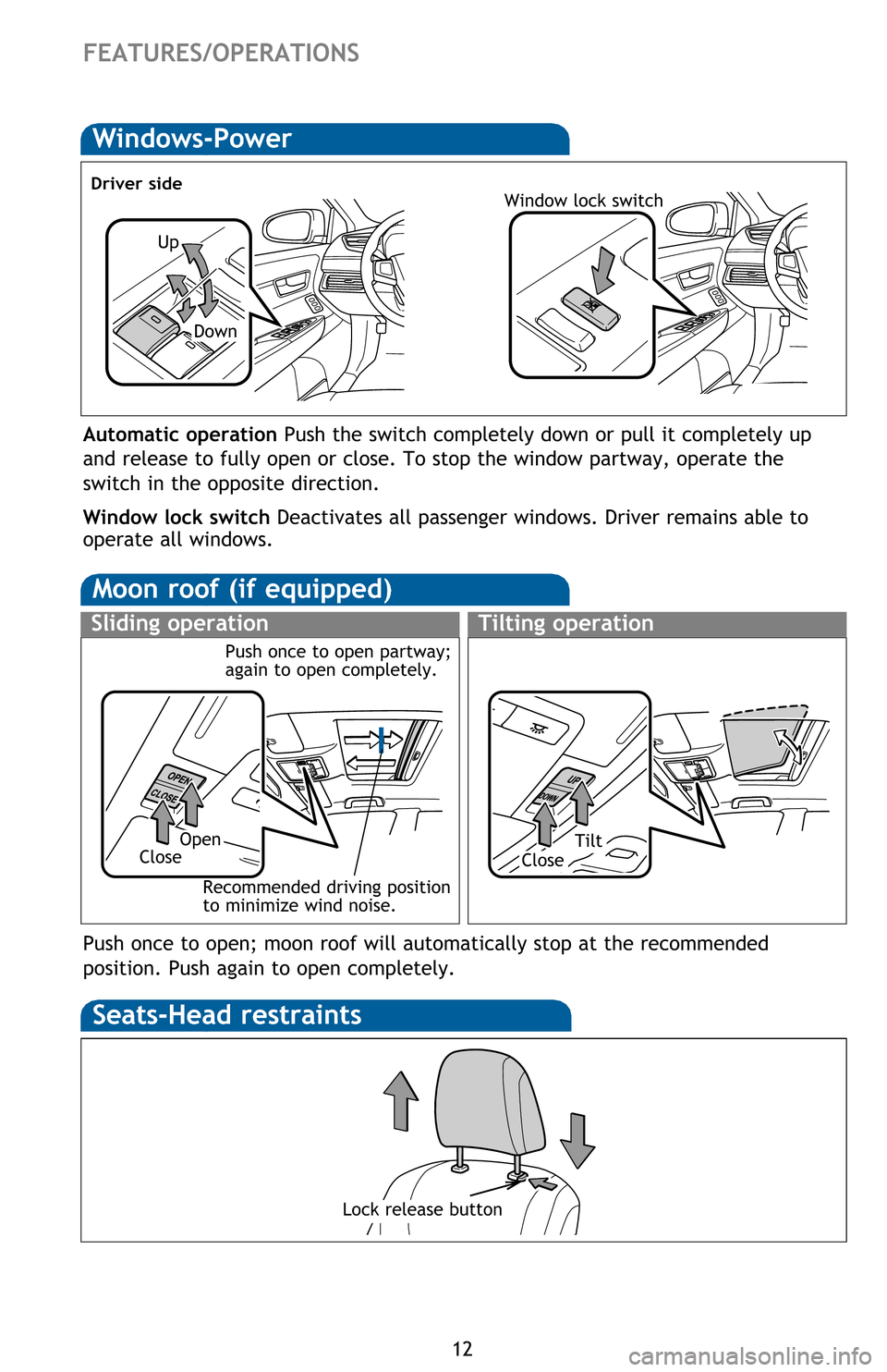 TOYOTA AVALON 2016 XX40 / 4.G Quick Reference Guide 12
FEATURES/OPERATIONS
Moon roof (if equipped)
Sliding operationTilting operation
OpenTiltCloseClose
Recommended driving position 
to minimize wind noise.
Seats-Head restraints
Lock release button
Win