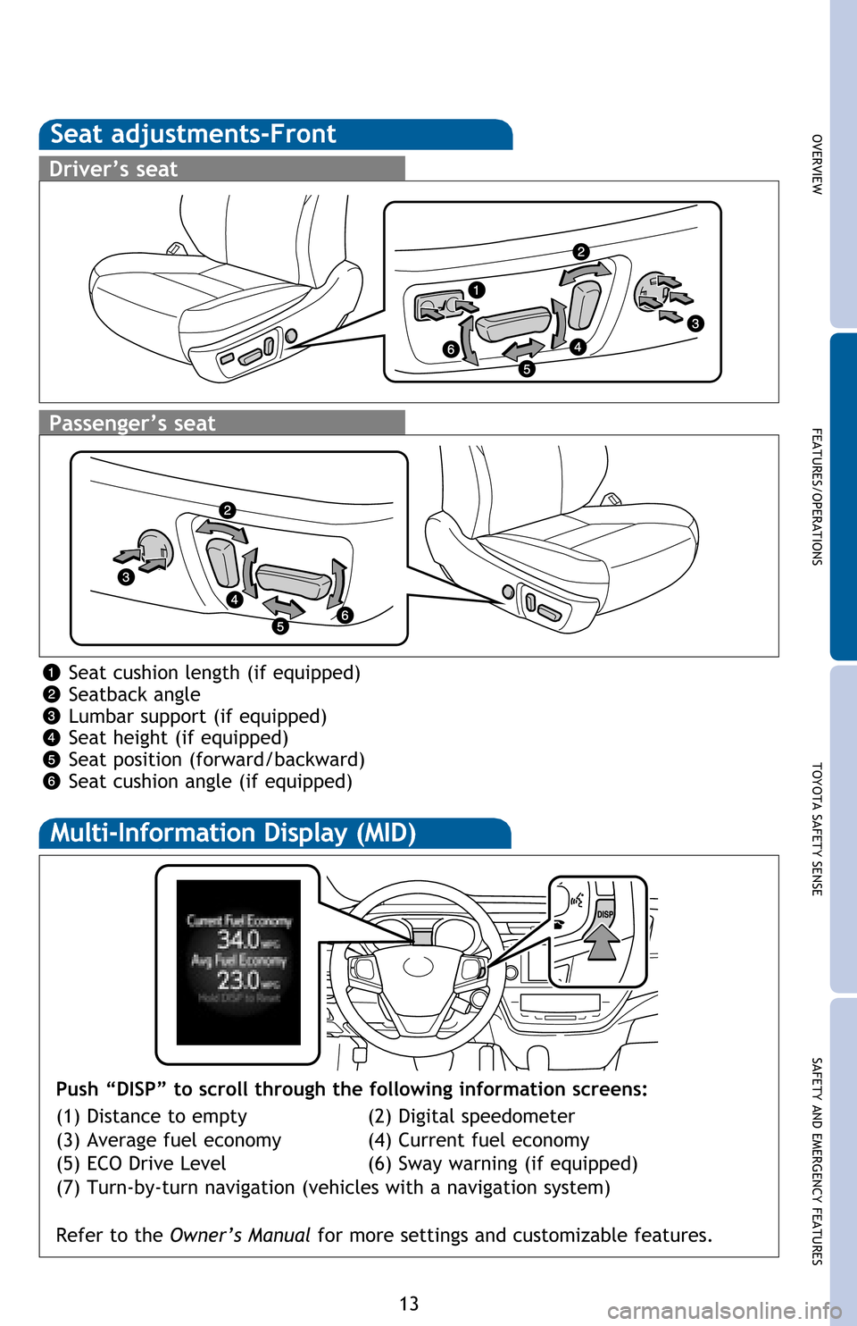 TOYOTA AVALON 2016 XX40 / 4.G Quick Reference Guide OVERVIEW FEATURES/OPERATIONS TOYOTA SAFETY SENSE SAFETY AND EMERGENCY FEATURES
13
Seat adjustments-Front
Driver’s seat
Passenger’s seat
Seat cushion length (if equipped)
Seatback angle
Lumbar sup TOYOTA AVALON 2016 XX40 / 4.G Quick Reference Guide OVERVIEW FEATURES/OPERATIONS TOYOTA SAFETY SENSE SAFETY AND EMERGENCY FEATURES
13
Seat adjustments-Front
Driver’s seat
Passenger’s seat
Seat cushion length (if equipped)
Seatback angle
Lumbar sup