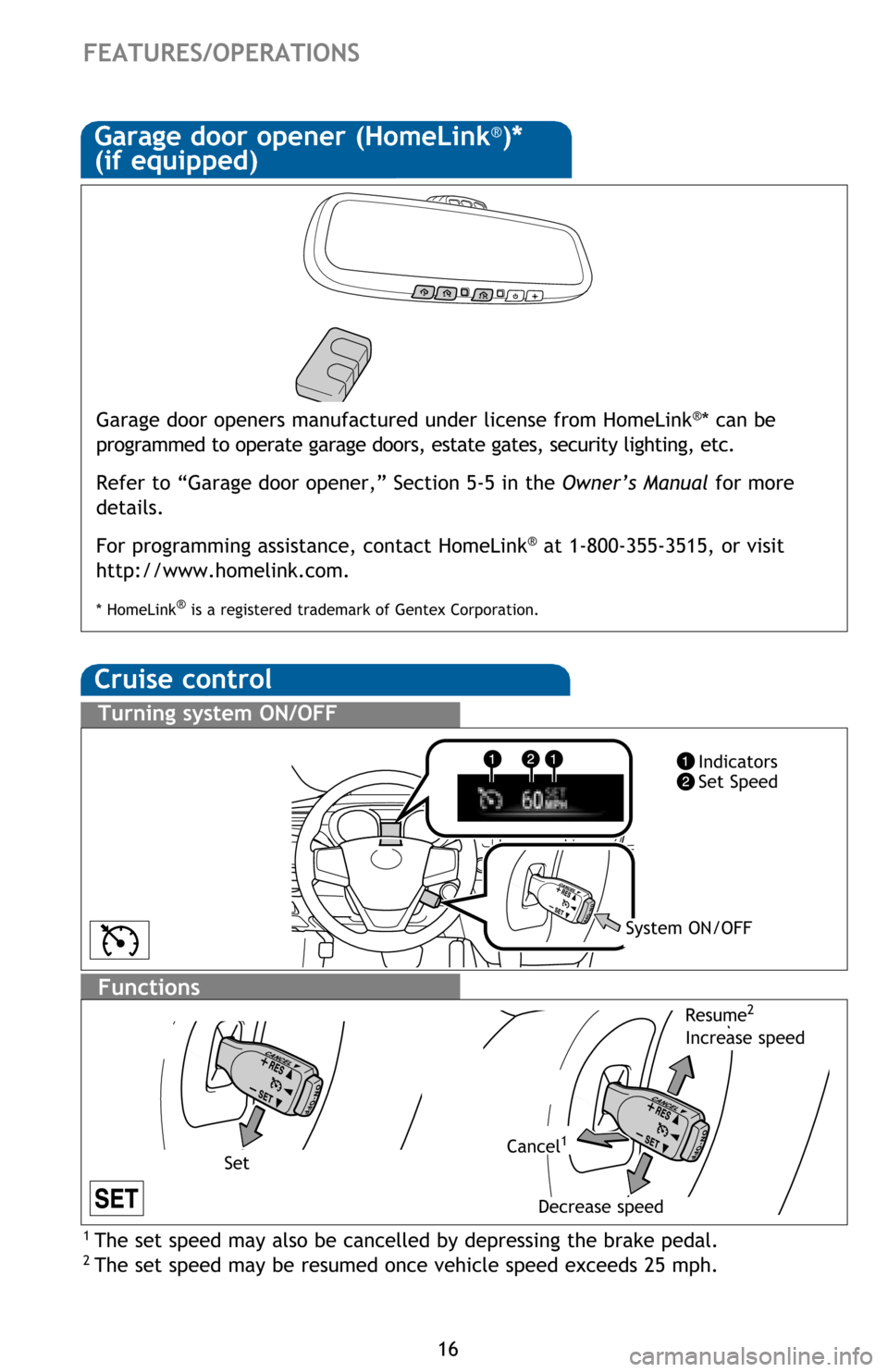 TOYOTA AVALON 2016 XX40 / 4.G Quick Reference Guide 16
FEATURES/OPERATIONS
Garage door opener (HomeLink®)*
(if equipped)
Garage door openers manufactured under license from HomeLink®* can be 
programmed to operate garage doors, estate gates, security