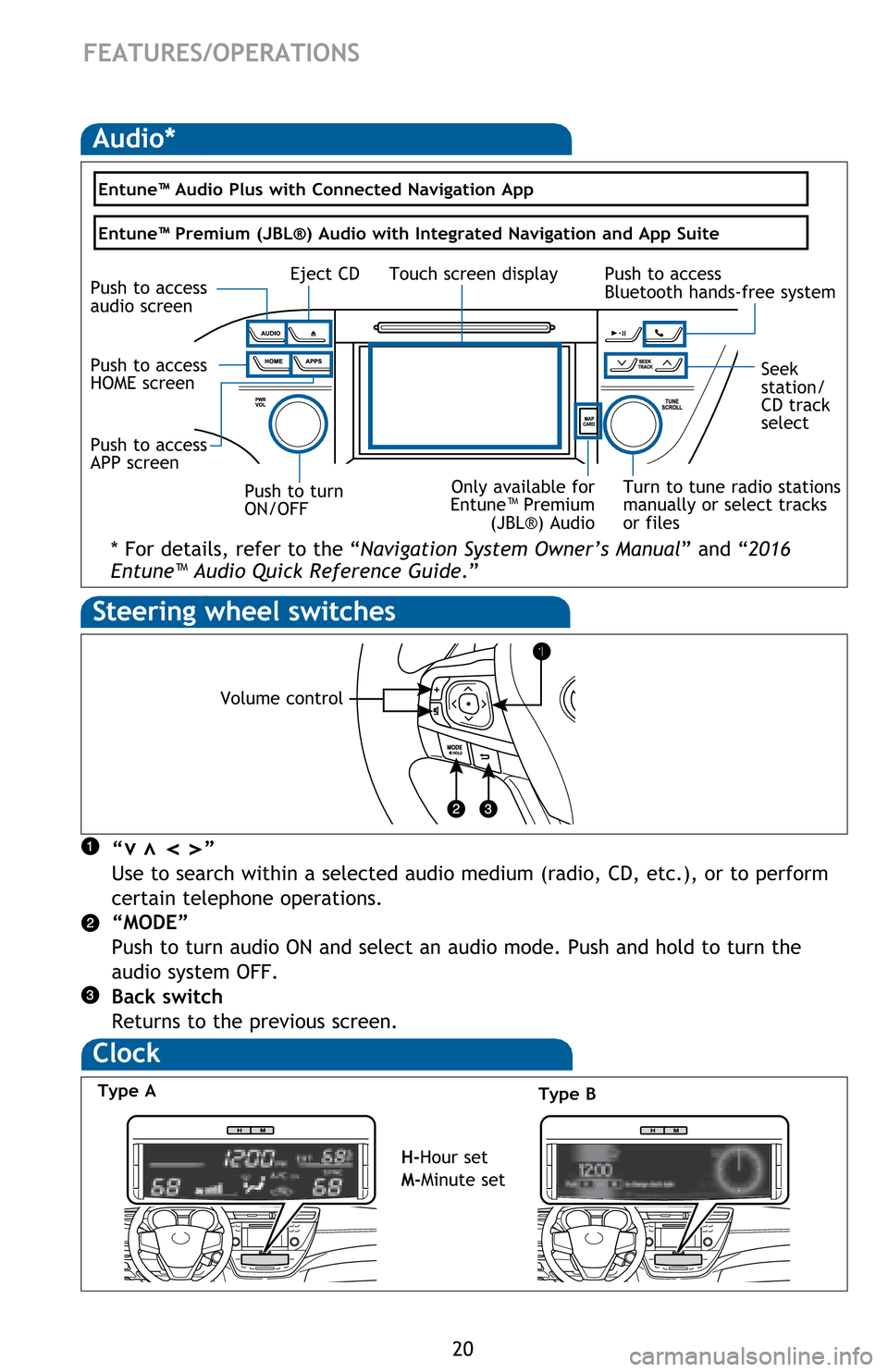 TOYOTA AVALON 2016 XX40 / 4.G Quick Reference Guide 20
Steering wheel switches
“ ”
Use to search within a selected audio medium (radio, CD, etc.), or to perform
certain telephone operations.
“MODE”
Push to turn audio ON and select TOYOTA AVALON 2016 XX40 / 4.G Quick Reference Guide 20
Steering wheel switches
“ ”
Use to search within a selected audio medium (radio, CD, etc.), or to perform
certain telephone operations.
“MODE”
Push to turn audio ON and select
