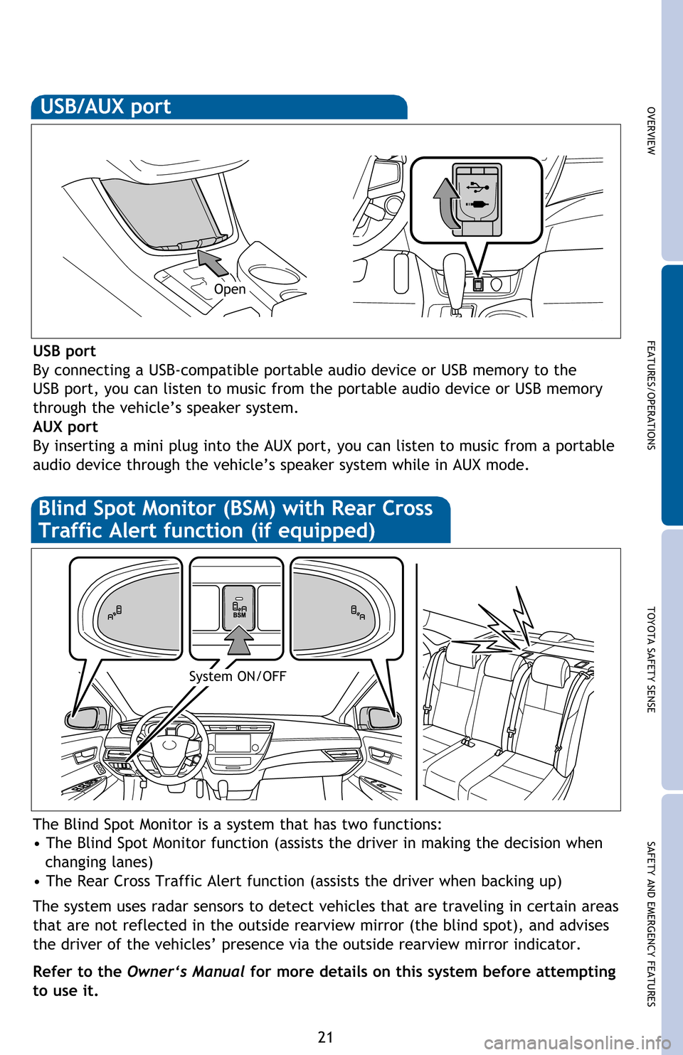 TOYOTA AVALON 2016 XX40 / 4.G Quick Reference Guide OVERVIEW FEATURES/OPERATIONS TOYOTA SAFETY SENSE SAFETY AND EMERGENCY FEATURES
21 USB port
By connecting a USB-compatible portable audio device or USB memory to the
USB port, you can listen to music TOYOTA AVALON 2016 XX40 / 4.G Quick Reference Guide OVERVIEW FEATURES/OPERATIONS TOYOTA SAFETY SENSE SAFETY AND EMERGENCY FEATURES
21 USB port
By connecting a USB-compatible portable audio device or USB memory to the
USB port, you can listen to music