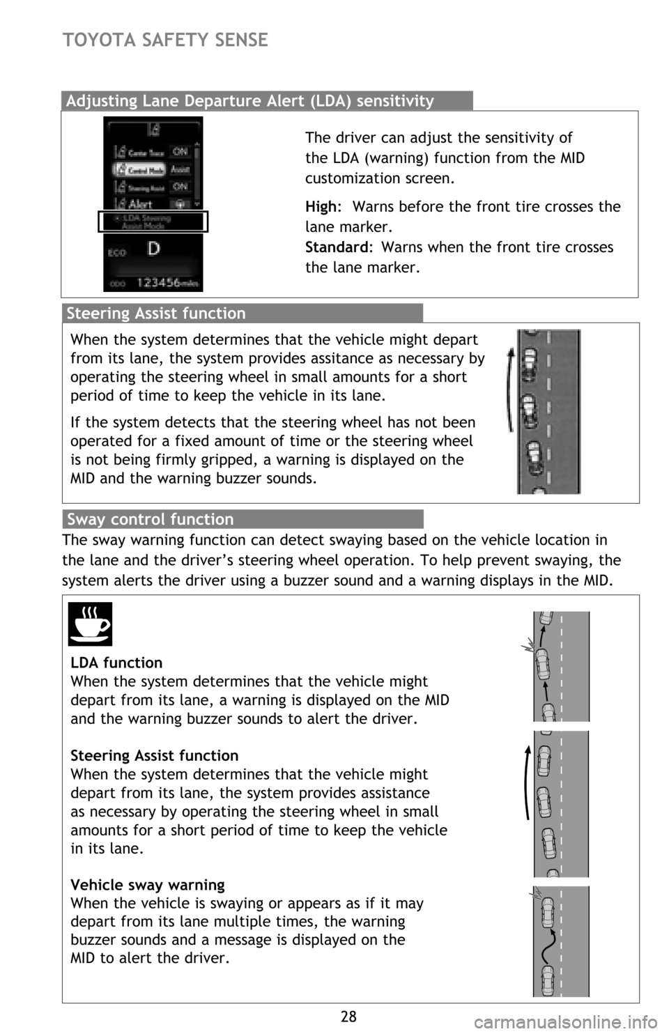 TOYOTA AVALON 2016 XX40 / 4.G Quick Reference Guide 28
TOYOTA SAFETY SENSE
Adjusting Lane Departure Alert (LDA) sensitivity
The driver can adjust the sensitivity of
the LDA (warning) function from the MID
customization screen.
High: Warns before the TOYOTA AVALON 2016 XX40 / 4.G Quick Reference Guide 28
TOYOTA SAFETY SENSE
Adjusting Lane Departure Alert (LDA) sensitivity
The driver can adjust the sensitivity of
the LDA (warning) function from the MID
customization screen.
High: Warns before the