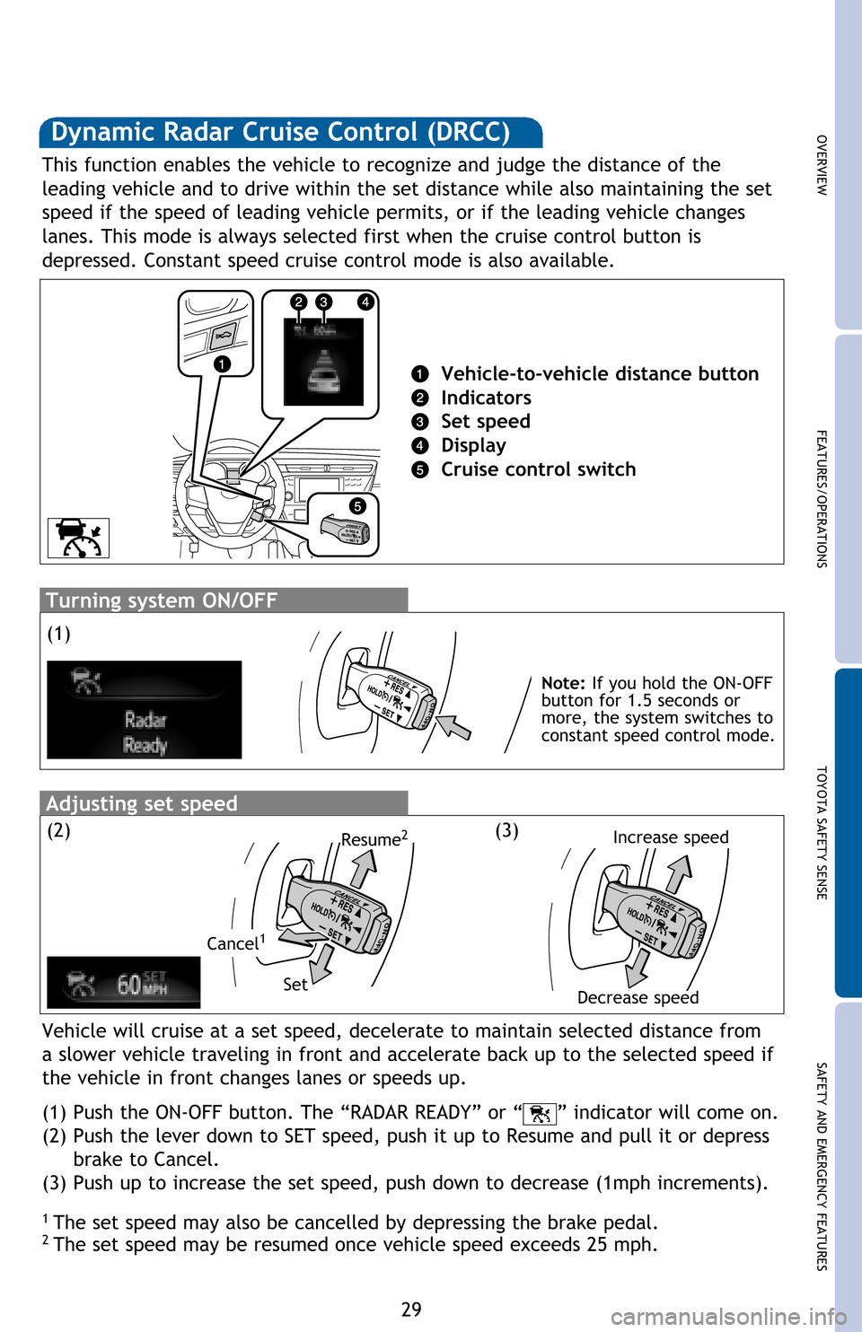 TOYOTA AVALON 2016 XX40 / 4.G Quick Reference Guide 29
OVERVIEW FEATURES/OPERATIONS TOYOTA SAFETY SENSE SAFETY AND EMERGENCY FEATURESDynamic Radar Cruise Control (DRCC)
1 The set speed may also be cancelled by depressing the brake pedal.2 The set spee TOYOTA AVALON 2016 XX40 / 4.G Quick Reference Guide 29
OVERVIEW FEATURES/OPERATIONS TOYOTA SAFETY SENSE SAFETY AND EMERGENCY FEATURESDynamic Radar Cruise Control (DRCC)
1 The set speed may also be cancelled by depressing the brake pedal.2 The set spee