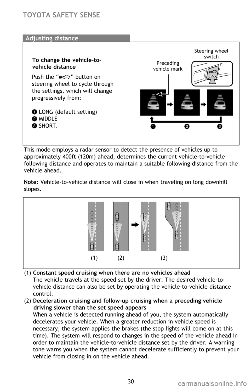 TOYOTA AVALON 2016 XX40 / 4.G Quick Reference Guide 30
TOYOTA SAFETY SENSE
(1) (2) (3)       To change the vehicle-to-    
     vehicle distance
 
Push the “
” button on 
steering wheel to cycle through 
the settings, which will change 
progressive