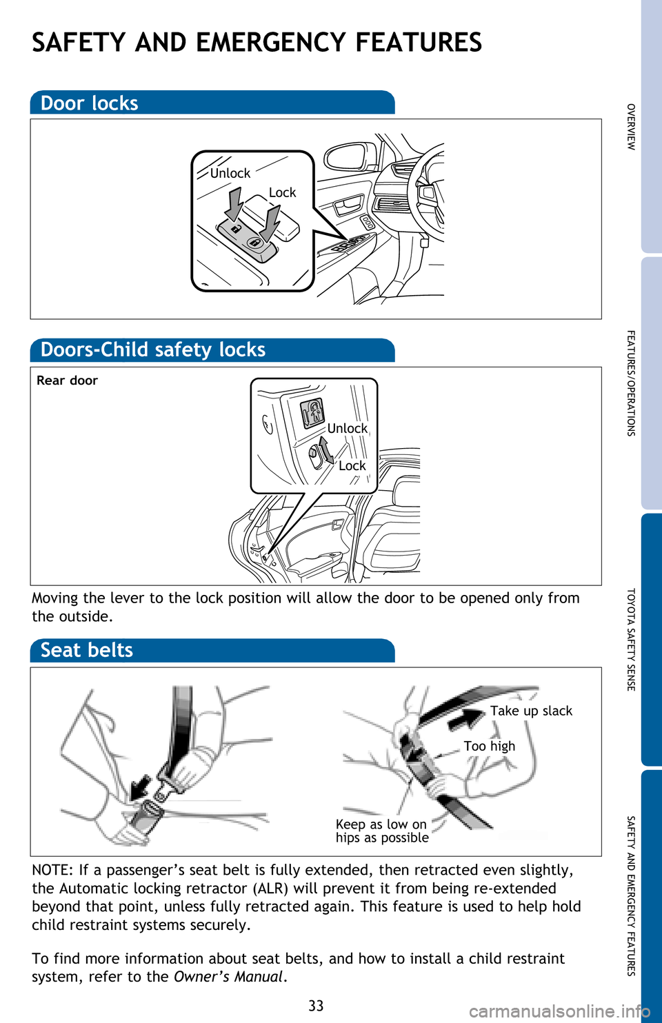TOYOTA AVALON 2016 XX40 / 4.G Quick Reference Guide 33
OVERVIEW FEATURES/OPERATIONS TOYOTA SAFETY SENSE SAFETY AND EMERGENCY FEATURESDoor locks
Lock
Unlock
SAFETY AND EMERGENCY FEATURES
Moving the lever to the lock position will allow the door to be op