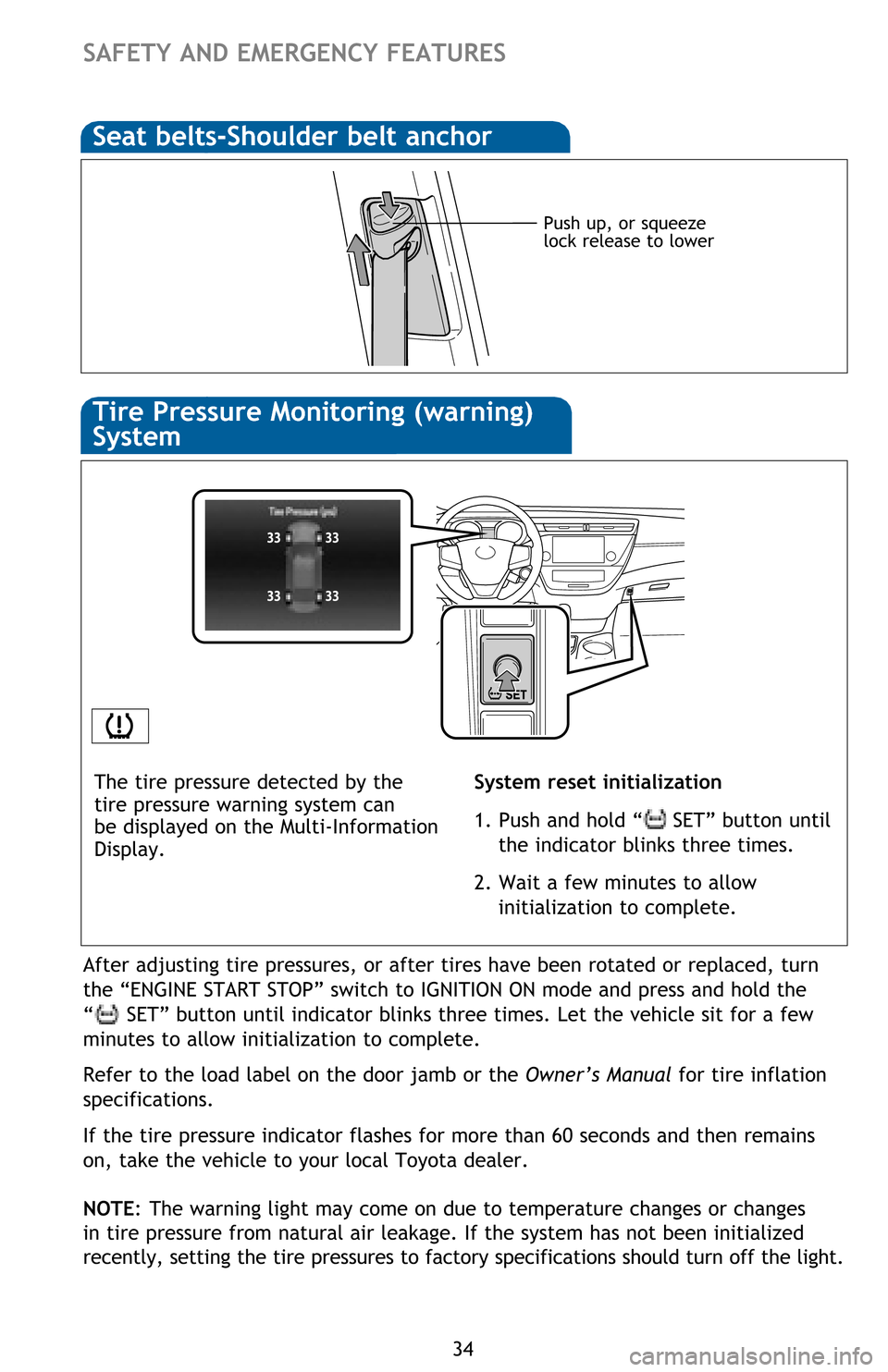TOYOTA AVALON 2016 XX40 / 4.G Quick Reference Guide 34
SAFETY AND EMERGENCY FEATURES
Push up, or squeeze
lock release to lower
System reset initialization
1. Push and hold “
SET” button until
the indicator blinks three times.
2. Wait a few minut TOYOTA AVALON 2016 XX40 / 4.G Quick Reference Guide 34
SAFETY AND EMERGENCY FEATURES
Push up, or squeeze
lock release to lower
System reset initialization
1. Push and hold “
SET” button until
the indicator blinks three times.
2. Wait a few minut