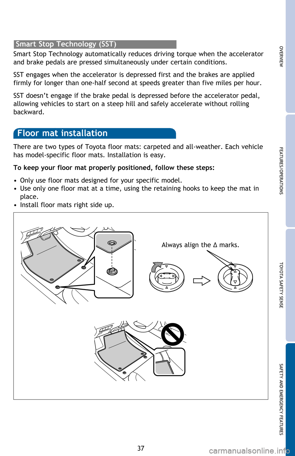 TOYOTA AVALON 2016 XX40 / 4.G Quick Reference Guide OVERVIEW FEATURES/OPERATIONS TOYOTA SAFETY SENSE SAFETY AND EMERGENCY FEATURES
37 There are two types of Toyota floor mats: carpeted and all-weather. Each vehicle 
has model-specific floor mats. Insta