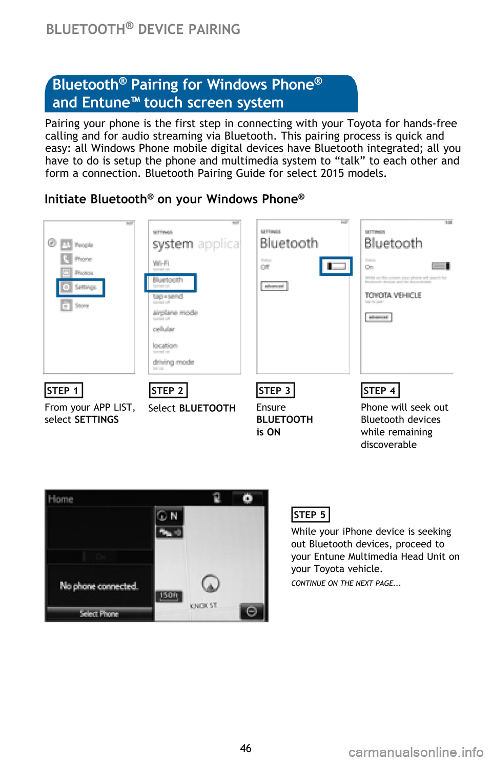 TOYOTA AVALON 2016 XX40 / 4.G Quick Reference Guide 46
BLUETOOTH® DEVICE PAIRING
Pairing your phone is the first step in connecting with your Toyota for hands-free 
calling and for audio streaming via Bluetooth. This pairing process is quick and 
easy