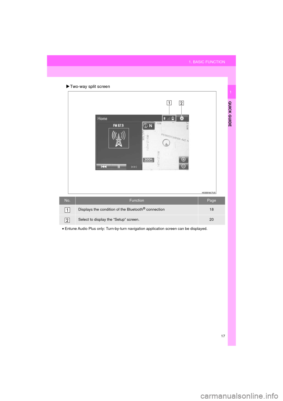 TOYOTA AVALON 2017 XX40 / 4.G Navigation Manual 17
1. BASIC FUNCTION
QUICK GUIDE
AVA L O N _ N a v i _ U
1
Two-way split screen
No.FunctionPage
Displays the condition of the Bluetooth® connection18
Select to display the “Setup” screen.20
