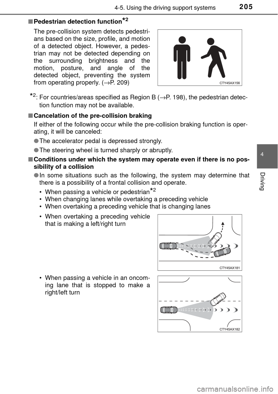 TOYOTA AVALON 2017 XX40 / 4.G Owners Manual 2054-5. Using the driving support systems
4
Driving
■Pedestrian detection function*2
*2: For countries/areas specified as Region B ( →P. 198), the pedestrian detec-
tion function may not be availa