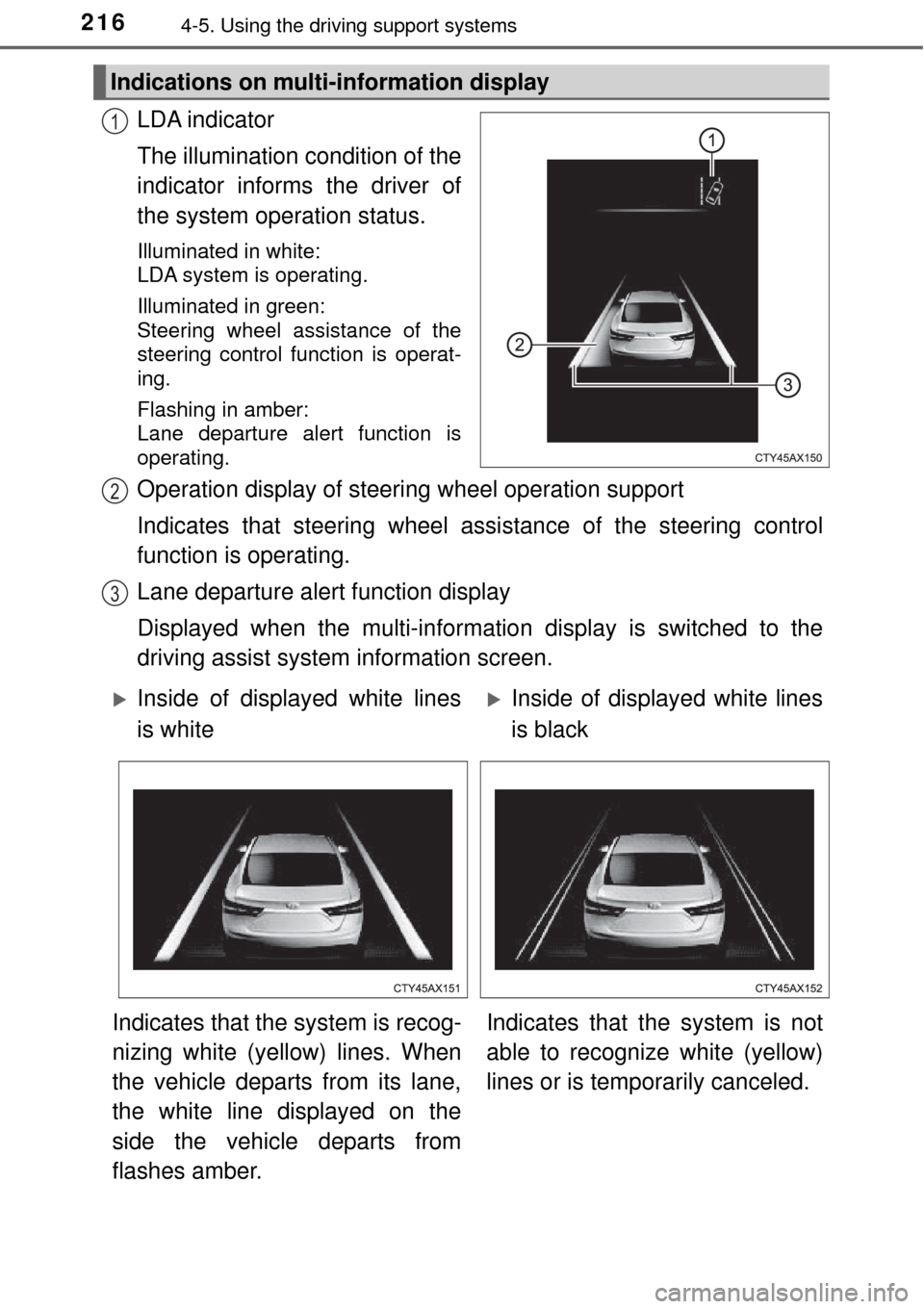 TOYOTA AVALON 2017 XX40 / 4.G Owners Manual 2164-5. Using the driving support systems
LDA indicator
The illumination condition of the
indicator informs the driver of
the system operation status.
Illuminated in white: 
LDA system is operating.
I
