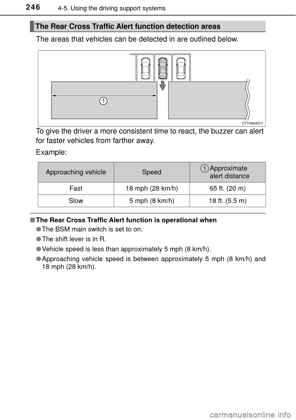 TOYOTA AVALON 2017 XX40 / 4.G Owners Manual 2464-5. Using the driving support systems
The areas that vehicles can be  detected in are outlined below.
To give the driver a more consistent time to react, the buzzer can alert
for faster vehicles f