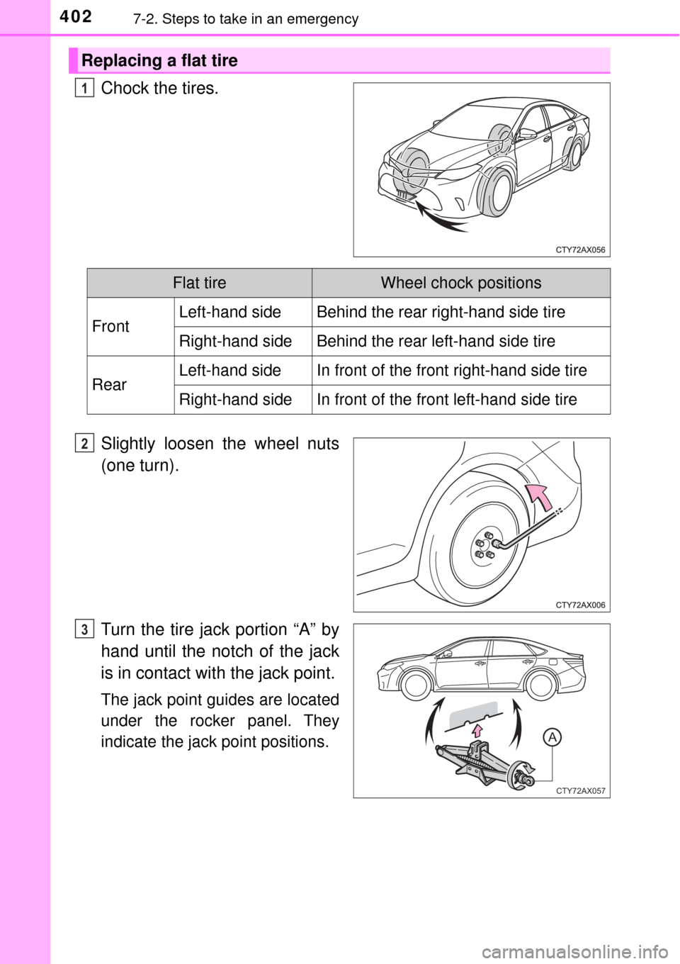 TOYOTA AVALON 2017 XX40 / 4.G Owners Manual 4027-2. Steps to take in an emergency
Chock the tires.
Slightly loosen the wheel nuts
(one turn).
Turn the tire jack portion “A” by
hand until the notch of the jack
is in contact with the jack poi TOYOTA AVALON 2017 XX40 / 4.G Owners Manual 4027-2. Steps to take in an emergency
Chock the tires.
Slightly loosen the wheel nuts
(one turn).
Turn the tire jack portion “A” by
hand until the notch of the jack
is in contact with the jack poi