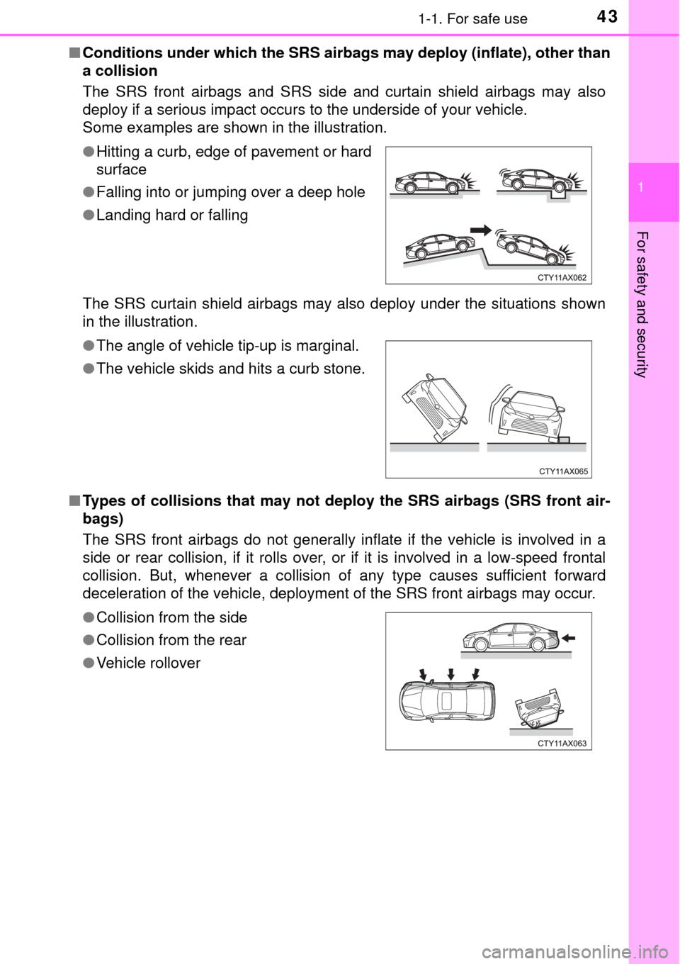 TOYOTA AVALON 2017 XX40 / 4.G Service Manual 431-1. For safe use
1
For safety and security
■Conditions under which the SRS airbags may deploy (inflate), other than
a collision
The SRS front airbags and SRS side and curtain shield airbags may TOYOTA AVALON 2017 XX40 / 4.G Service Manual 431-1. For safe use
1
For safety and security
■Conditions under which the SRS airbags may deploy (inflate), other than
a collision
The SRS front airbags and SRS side and curtain shield airbags may