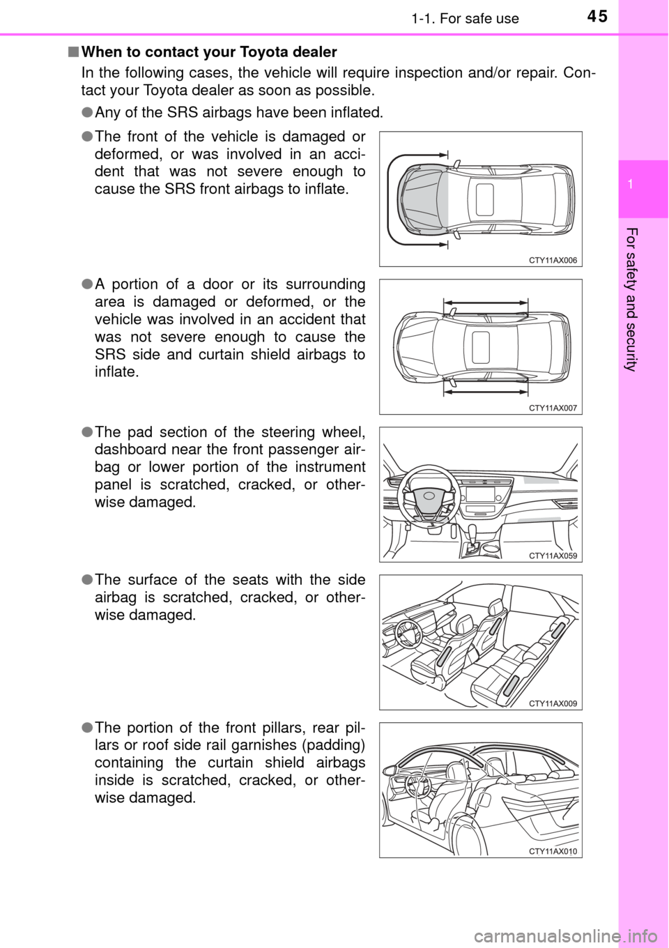 TOYOTA AVALON 2017 XX40 / 4.G Service Manual 451-1. For safe use
1
For safety and security
■When to contact your Toyota dealer
In the following cases, the vehicle will require inspection and/or repair. Con-
tact your Toyota dealer as soon as p TOYOTA AVALON 2017 XX40 / 4.G Service Manual 451-1. For safe use
1
For safety and security
■When to contact your Toyota dealer
In the following cases, the vehicle will require inspection and/or repair. Con-
tact your Toyota dealer as soon as p