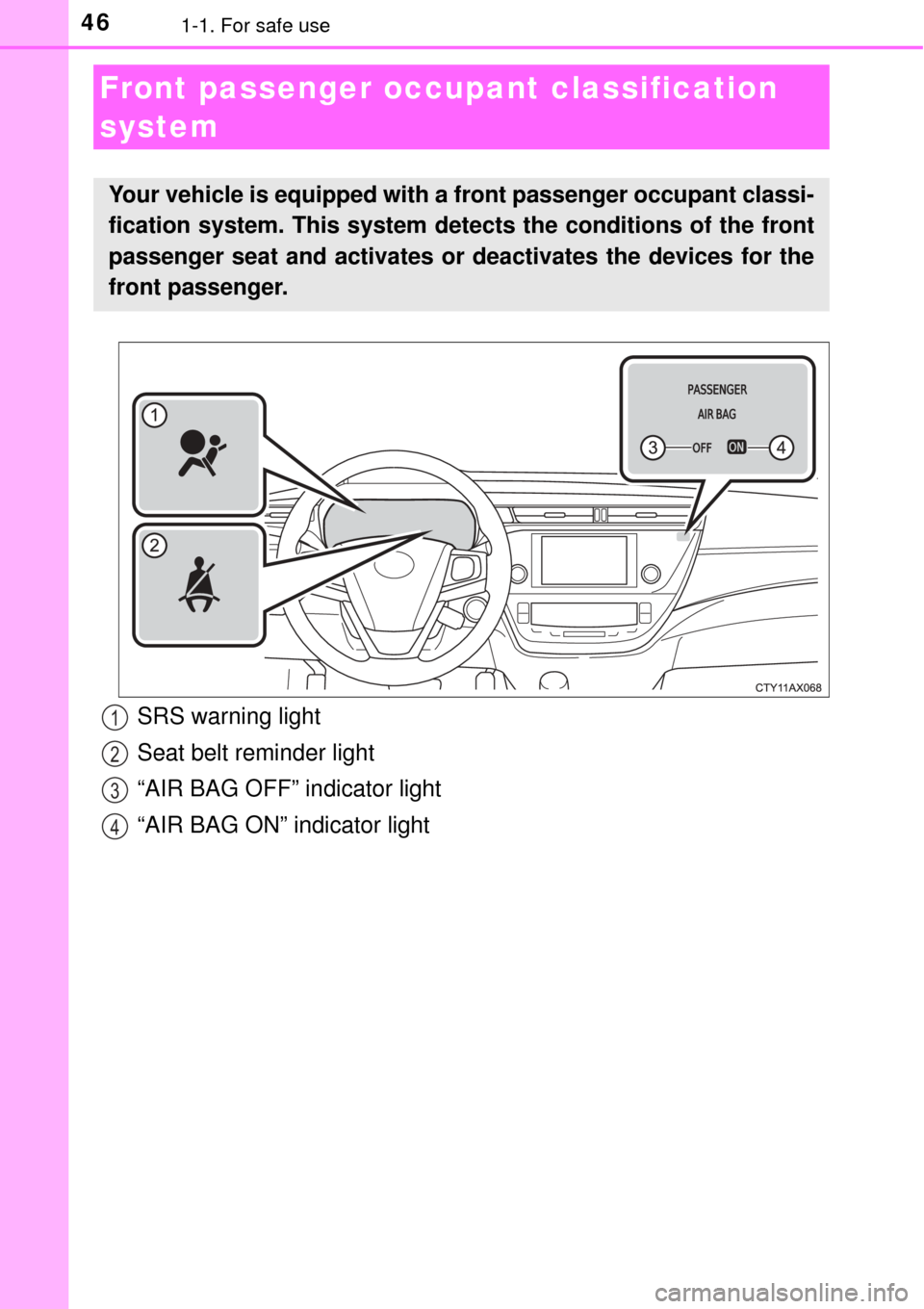 TOYOTA AVALON 2017 XX40 / 4.G Service Manual 461-1. For safe use
Front passenger occupant classification
system
Your vehicle is equipped with a front passenger occupant classi-
fication system. This system detects the conditions of the front
pa TOYOTA AVALON 2017 XX40 / 4.G Service Manual 461-1. For safe use
Front passenger occupant classification
system
Your vehicle is equipped with a front passenger occupant classi-
fication system. This system detects the conditions of the front
pa