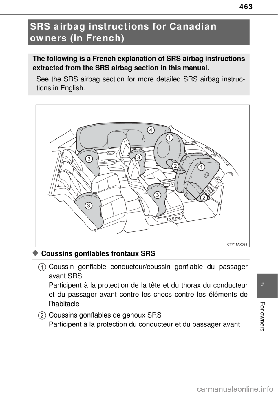 TOYOTA AVALON 2017 XX40 / 4.G Owners Manual 463
9
For owners
◆Coussins gonflables frontaux SRSCoussin gonflable conducteur/c oussin gonflable du passager
avant SRS
Participent à la protection de la tête et du thorax du conducteur
et du pas TOYOTA AVALON 2017 XX40 / 4.G Owners Manual 463
9
For owners
◆Coussins gonflables frontaux SRSCoussin gonflable conducteur/c oussin gonflable du passager
avant SRS
Participent à la protection de la tête et du thorax du conducteur
et du pas
