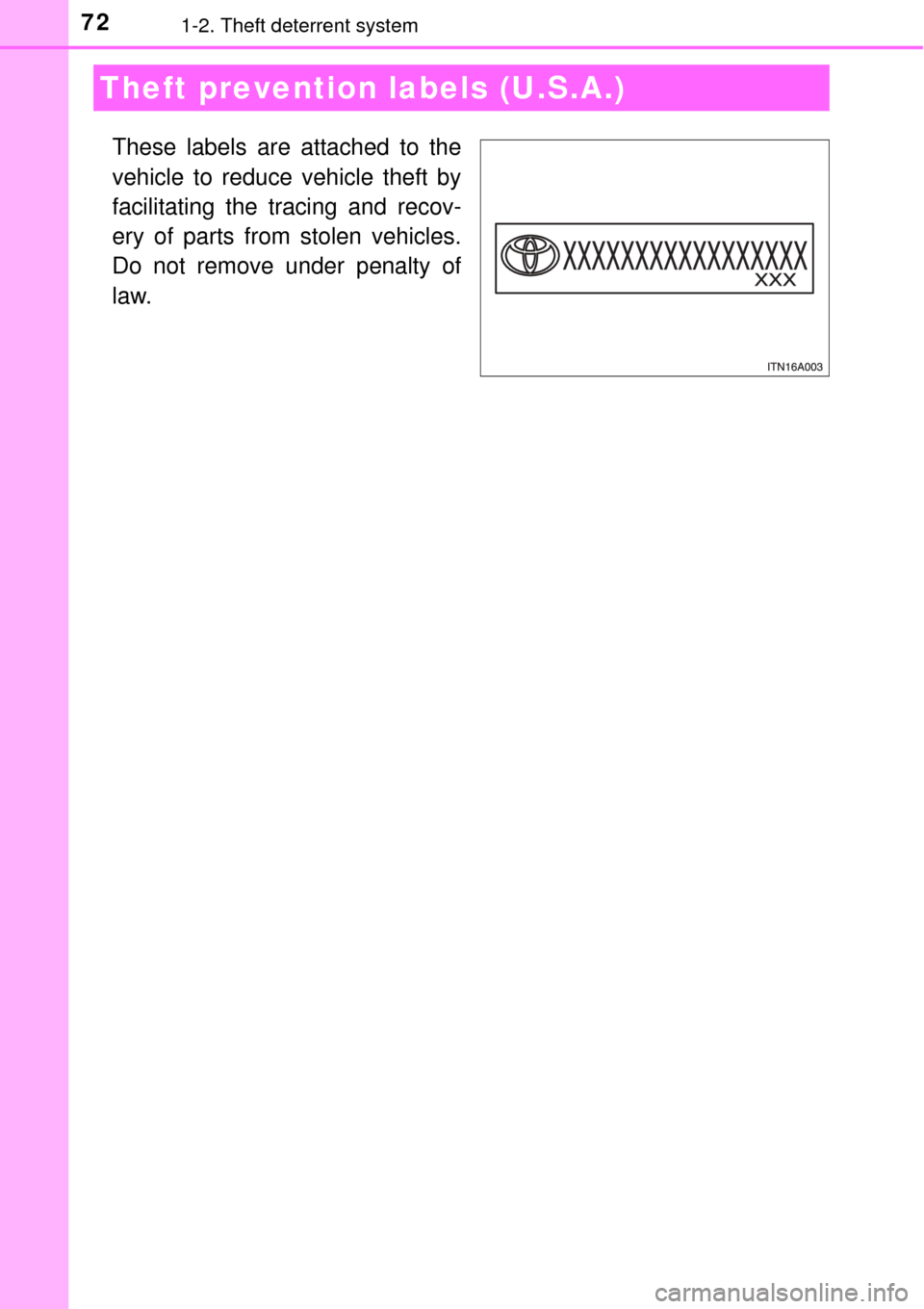 TOYOTA AVALON 2017 XX40 / 4.G Manual PDF 721-2. Theft deterrent system
These labels are attached to the
vehicle to reduce vehicle theft by
facilitating the tracing and recov-
ery of parts from stolen vehicles.
Do not remove under penalty of
