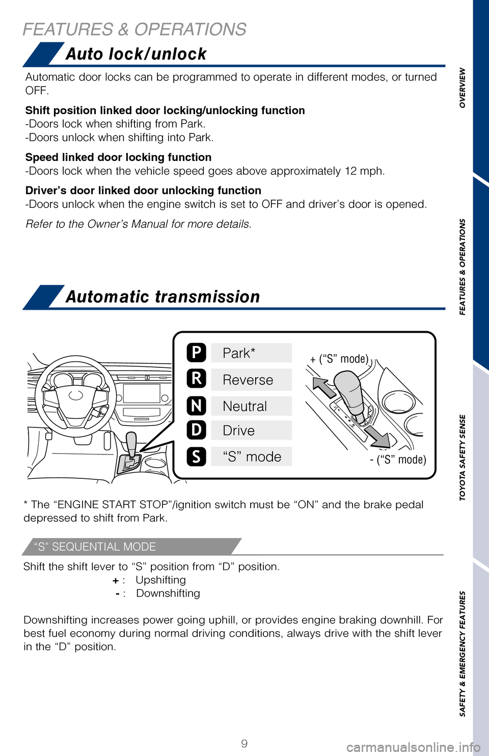 TOYOTA AVALON 2017 XX40 / 4.G Quick Reference Guide OVERVIEW
FEATURES & OPERATIONS
TOYOTA SAFETY SENSE
SAFETY & EMERGENCY FEATURES
9
FEATURES & OPERATIONS
NOTE: Regularly scheduled maintenance, including oil changes, will help
extend the life of you TOYOTA AVALON 2017 XX40 / 4.G Quick Reference Guide OVERVIEW
FEATURES & OPERATIONS
TOYOTA SAFETY SENSE
SAFETY & EMERGENCY FEATURES
9
FEATURES & OPERATIONS
NOTE: Regularly scheduled maintenance, including oil changes, will help
extend the life of you